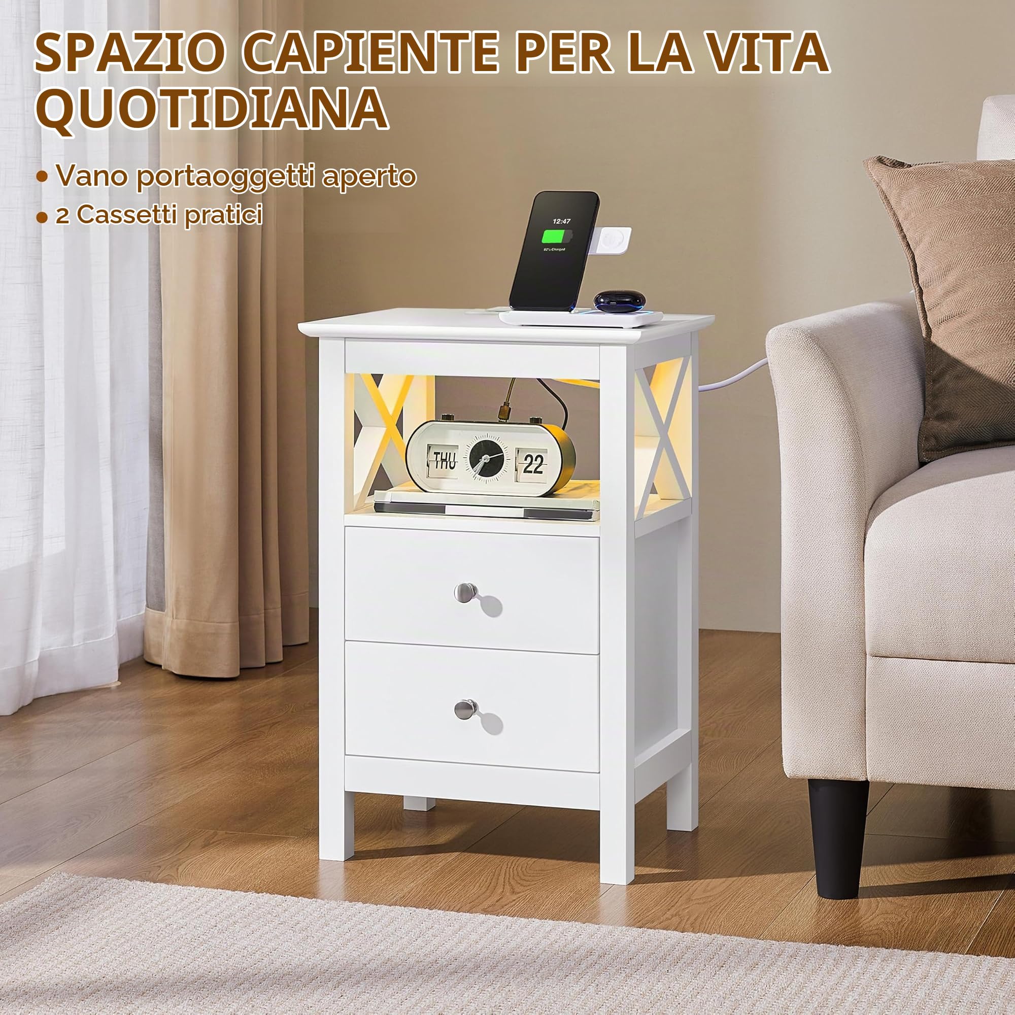 Yaheetech Comodino LED e Stazione Ricarica 2 Cassetti 1 Ripiano Aperto | Stazione di Ricarica Integrata USB e AC, Illuminazione LED Regolabile, Funzione Smart per Camera da Letto Moderna