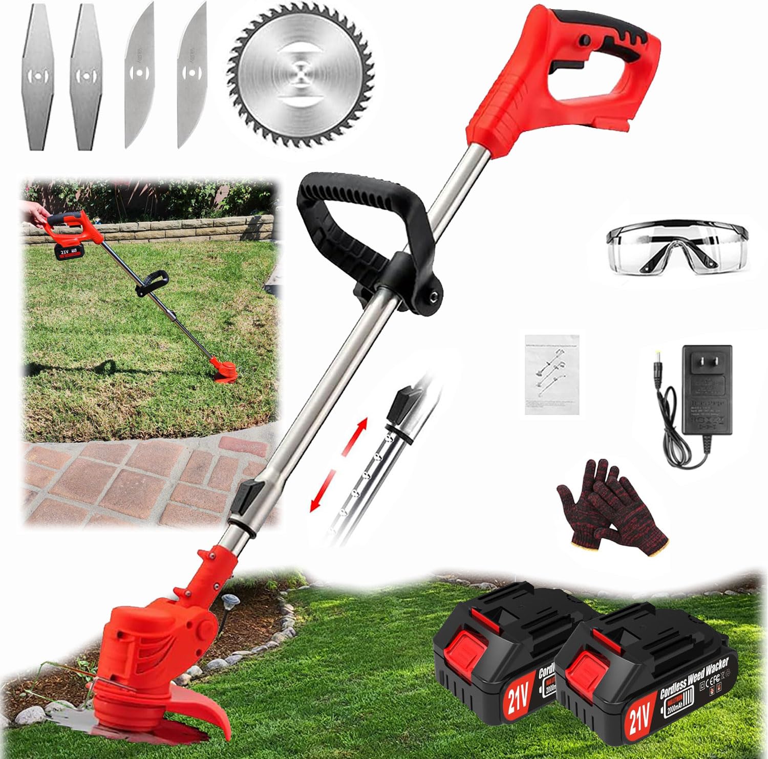Cordless Weed Wacker, Grass Cutter Cordless, 21V Battery Powered Weed Whacker with 3 Types Blades and Battery Weed Wacker Charger and 2 Batteries, Compact Power Tool for Lawn Yard Work