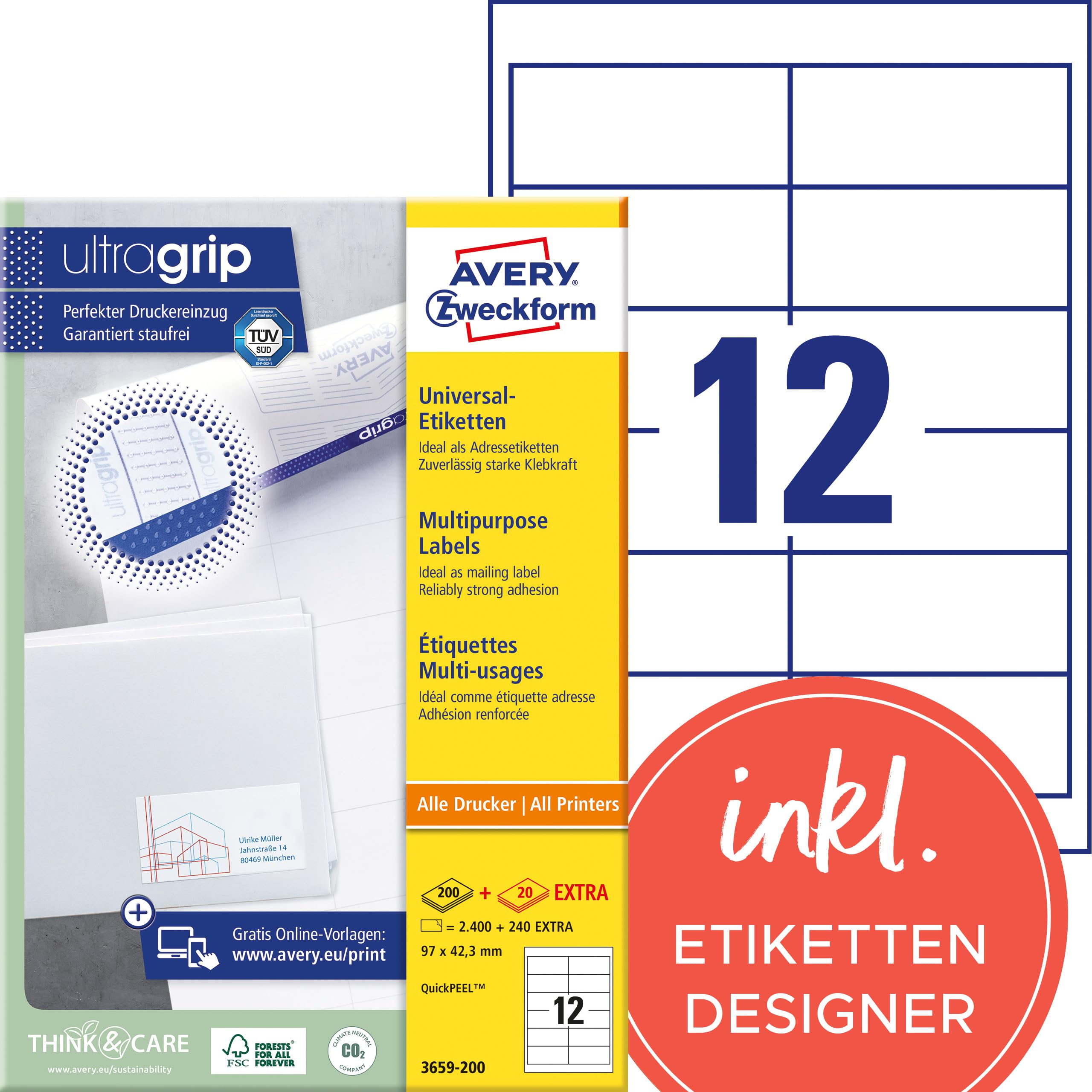 AVERY Zweckform 3659-200 Adressaufkleber (2.400 plus 240 Klebeetiketten extra, 97x42,3mm auf A4, bedruckbare Absenderetiketten, selbstklebende Adressetiketten mit ultragrip) 220 Blatt, weiß