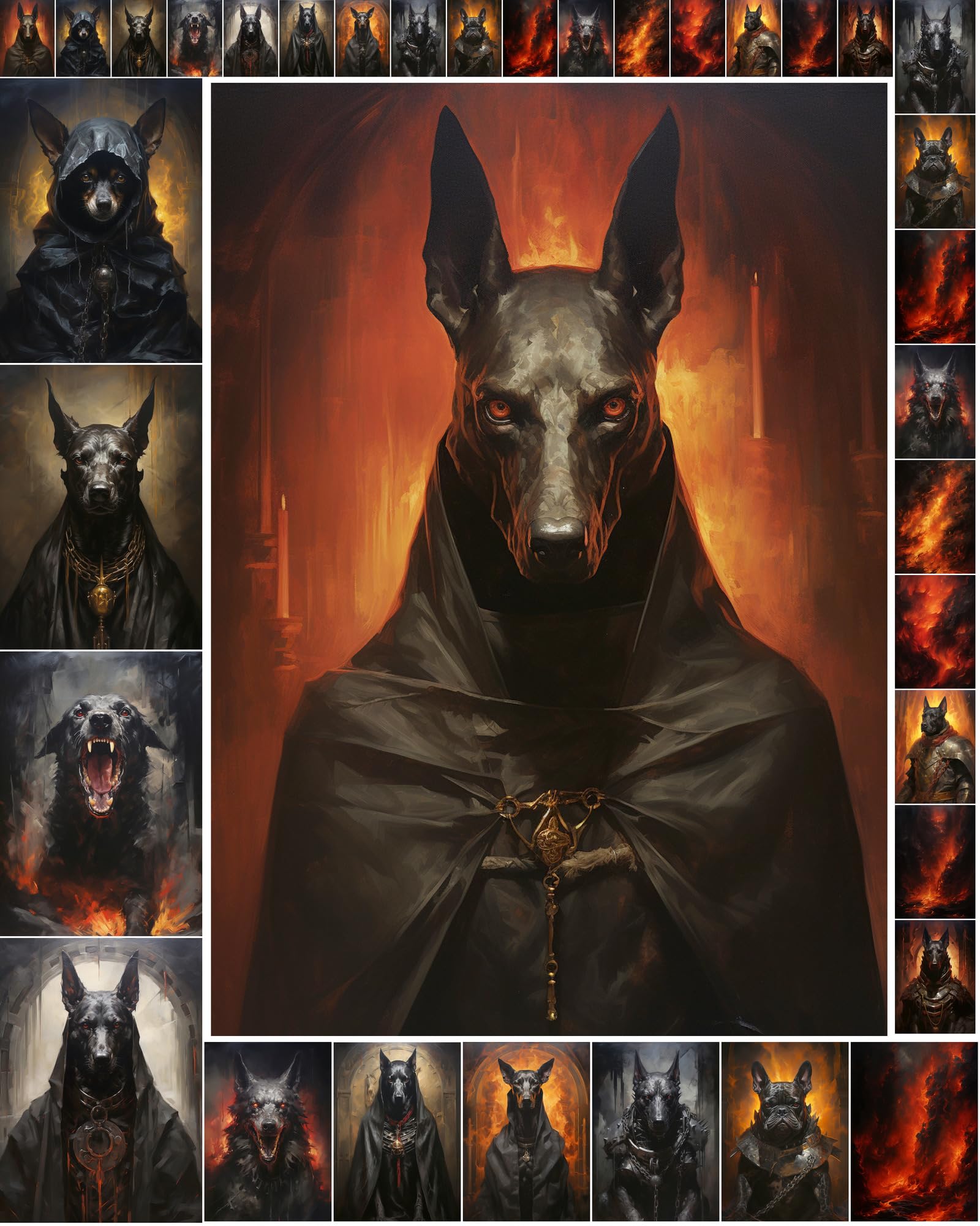 Decoupage Paper Pack (35 Sheets 6"x8") Menacing Dobermans and Other Big Dogs in Fiery Castles FLONZ Vintage Illustration Pictures Cards for Decoupage, Craft and Scrapbooking