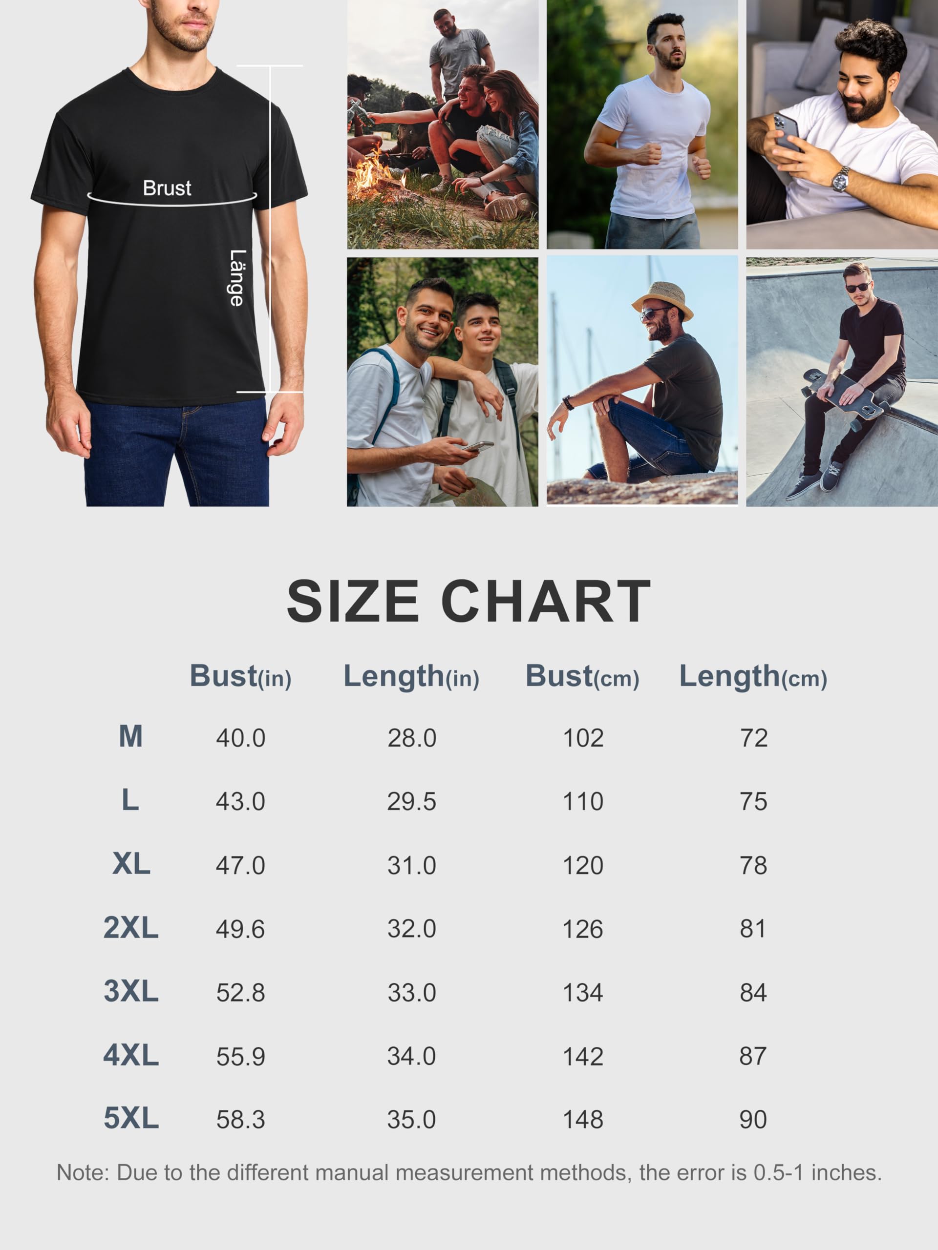 Paquete de 5 camisetas de algodón para hombre, cuello redondo, transpirables, de manga corta, básicas, lisas, para hombre, M-5XL, paquete múltiple