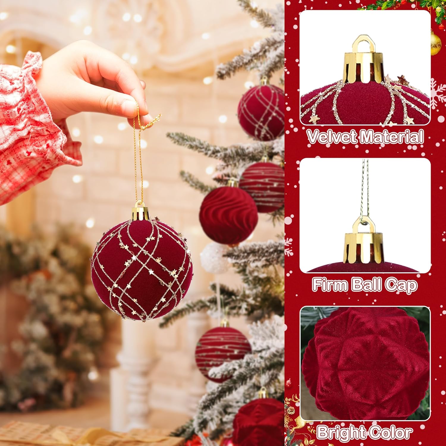 Tifeson 12pcs Velvet Christmas Balls Burgundy 3.15inch Flocked Shatterproof Hanging Ball Ornaments Christmas Tree Decorative Ornaments for Xmas Holiday Festival Party Decor - Image 5