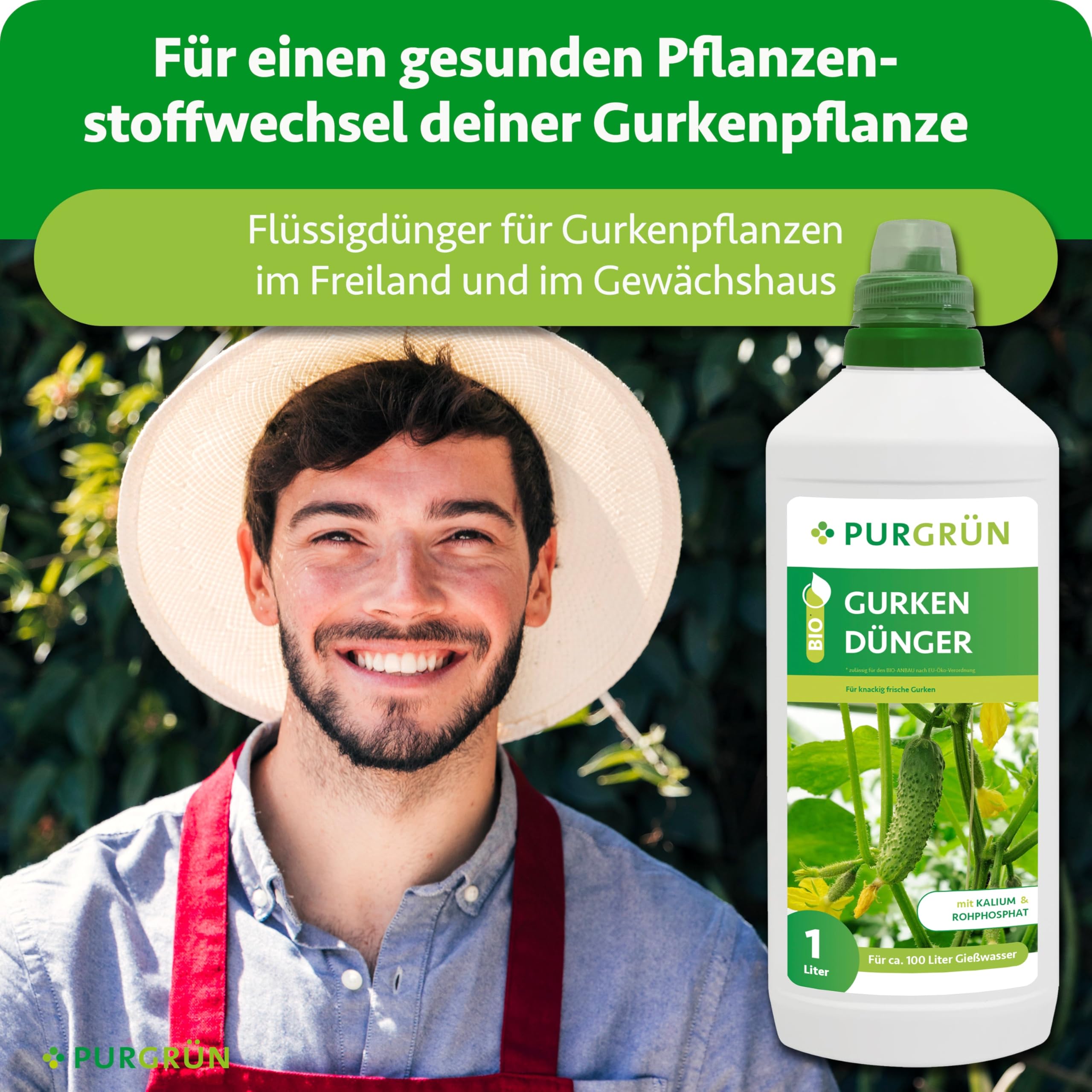 Bio-Gurkendünger 1 Liter – Organische Rezeptur – Premium-Flüssigdünger – NPK 3+2+6 – Extra Kalium für prächtige Gurken – Ohne tierische Inhaltsstoffe – Gemüsedünger für 100 Liter Wasser