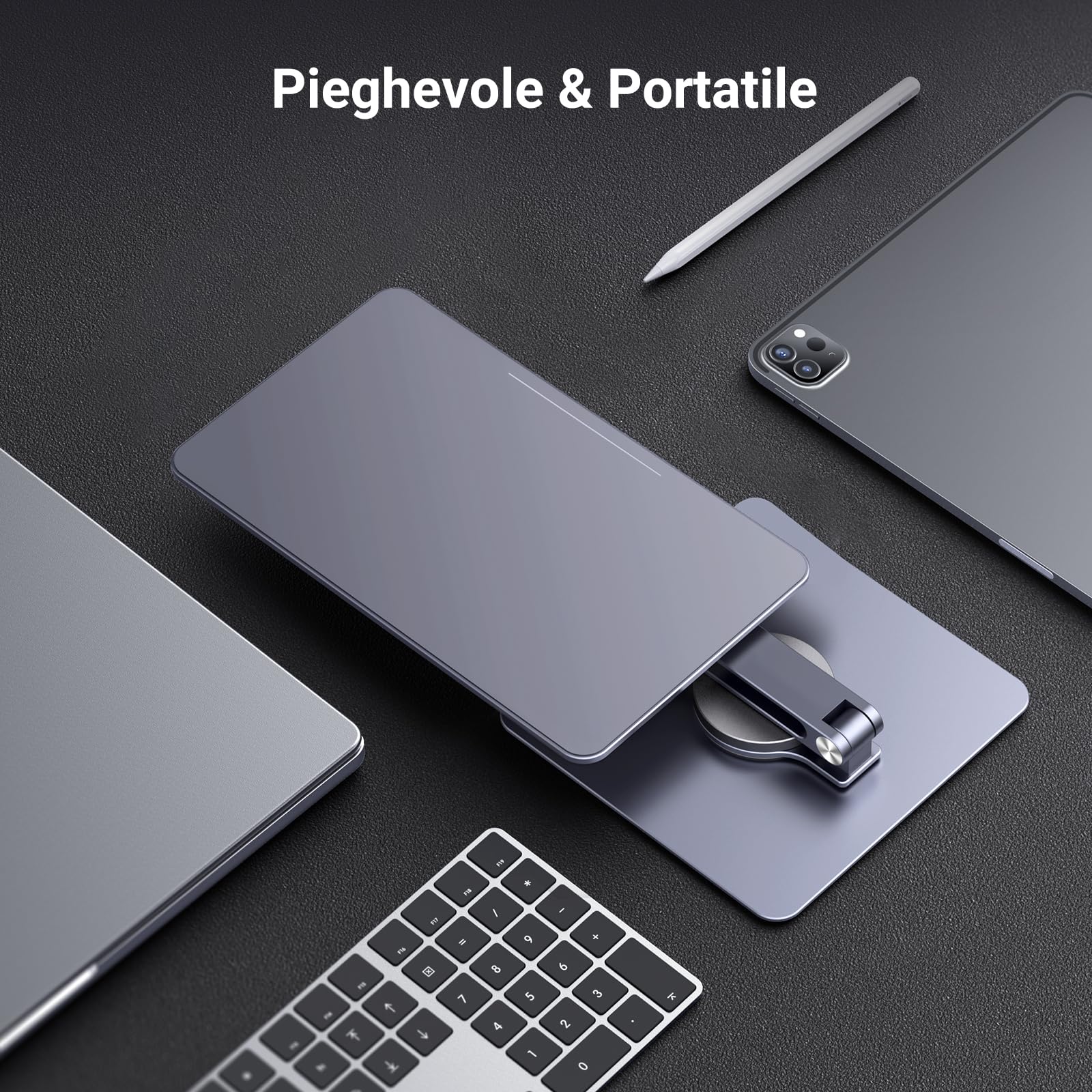 UGREEN Supporto magnetico da scrivania per iPad Pro 12.9 girevole a 360 ° pieghevole regolabile in altezza Supporto da viaggio portatile in alluminio compatibile con iPad Pro 12,9 pollici