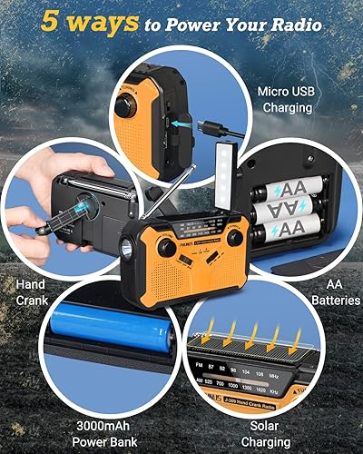 Miniatura 2 de PRUNUS Radio de emergencia de 3600 mAh, manivela de mano, carga solarUSB, altavoz Bluetooth, linterna, cargador de teléfono, alarma SOS, banco de
