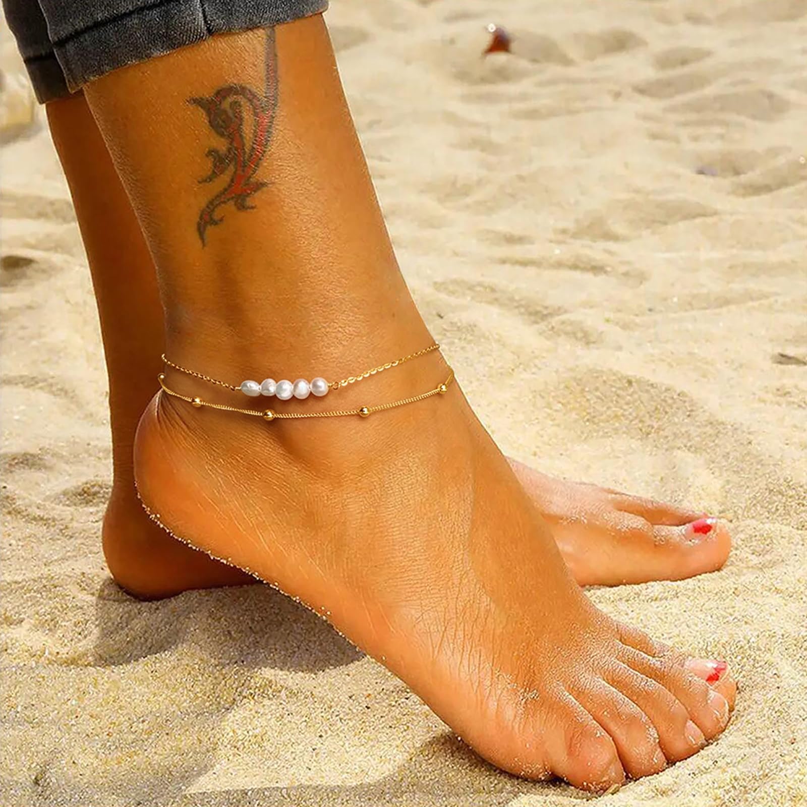 Tobillera de plata de ley 925 para mujeres y niñas, cadena de doble capa con cuentas y pulseras de tobillo de perlas, joyería de regalo de cumpleaños