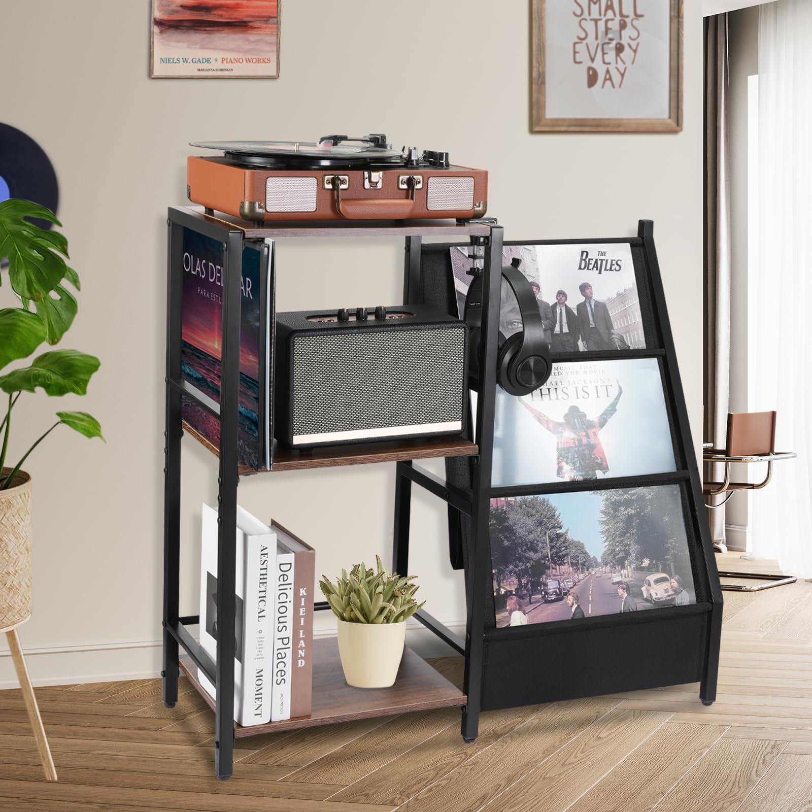 Plattenständer mit Aufbewahrung Schallplattenständer mit 3-stufiger Vinyl Schallplatten Lagerung Schallplatten Aufbewahrung bis zu 200 Alben, Plattenregal für Musikzimmer und Wohnzimmer