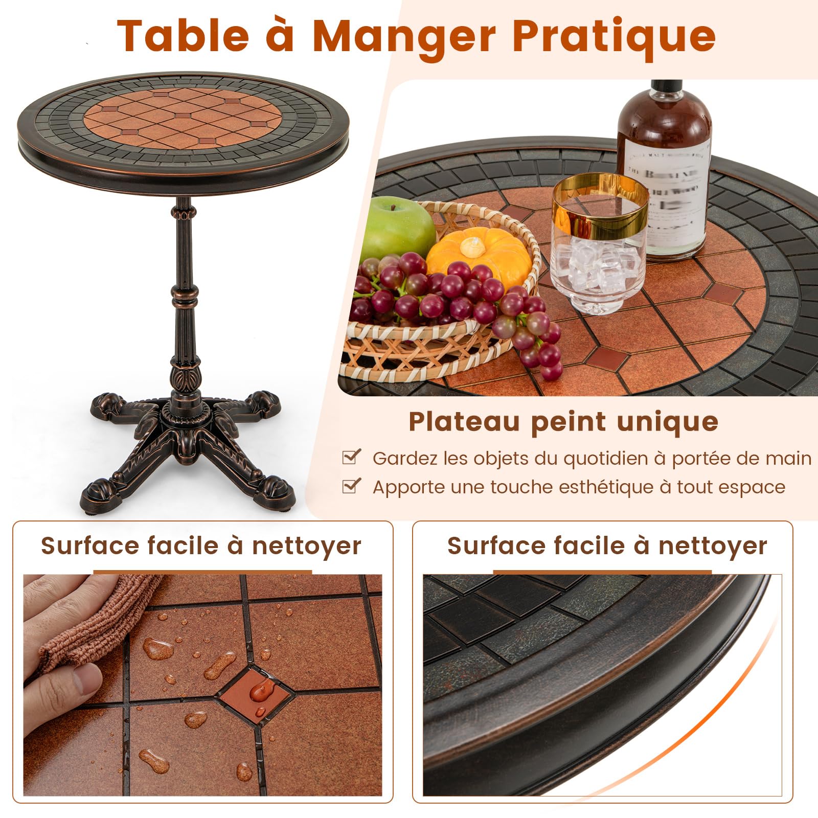 COSTWAY Table de Salle à Manger Ronde 60,5 cm Aluminium Coulé Résistante aux Intempéries Bronze