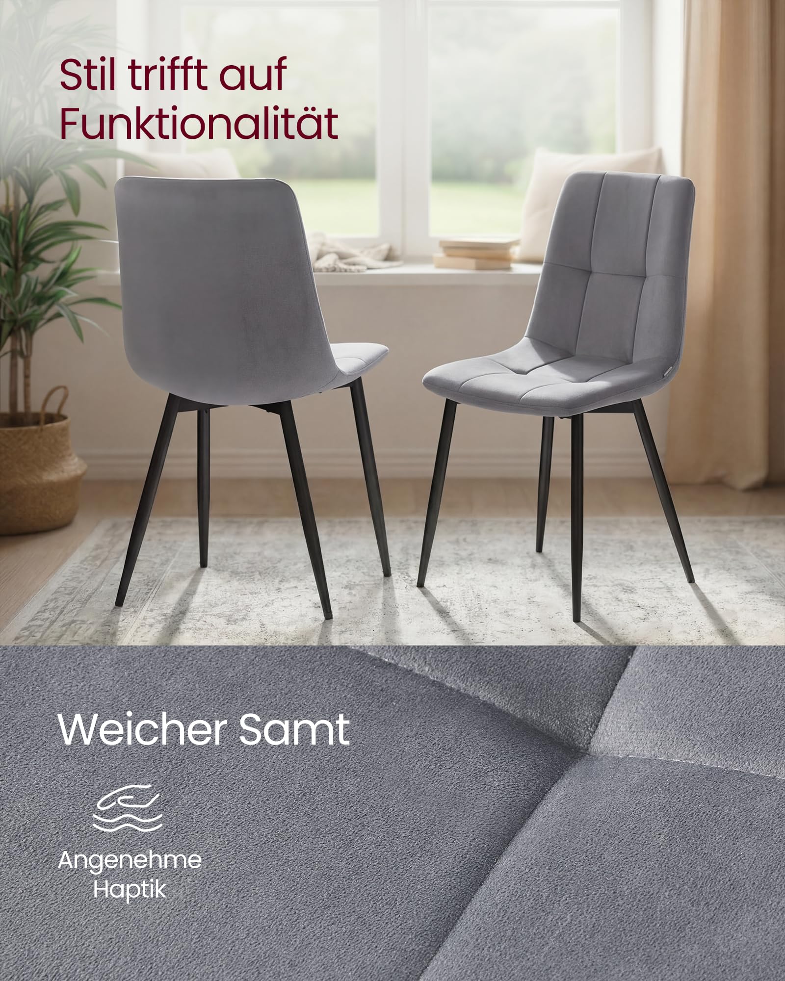 VASAGLE Esszimmerstühle Samt, Küchenstühle bis 120 kg belastbar, Sessel mit verstellbaren Füßen, modern, gepolstert, für Wohnzimmer, 2er Set, schiefergrau KDC088GN01