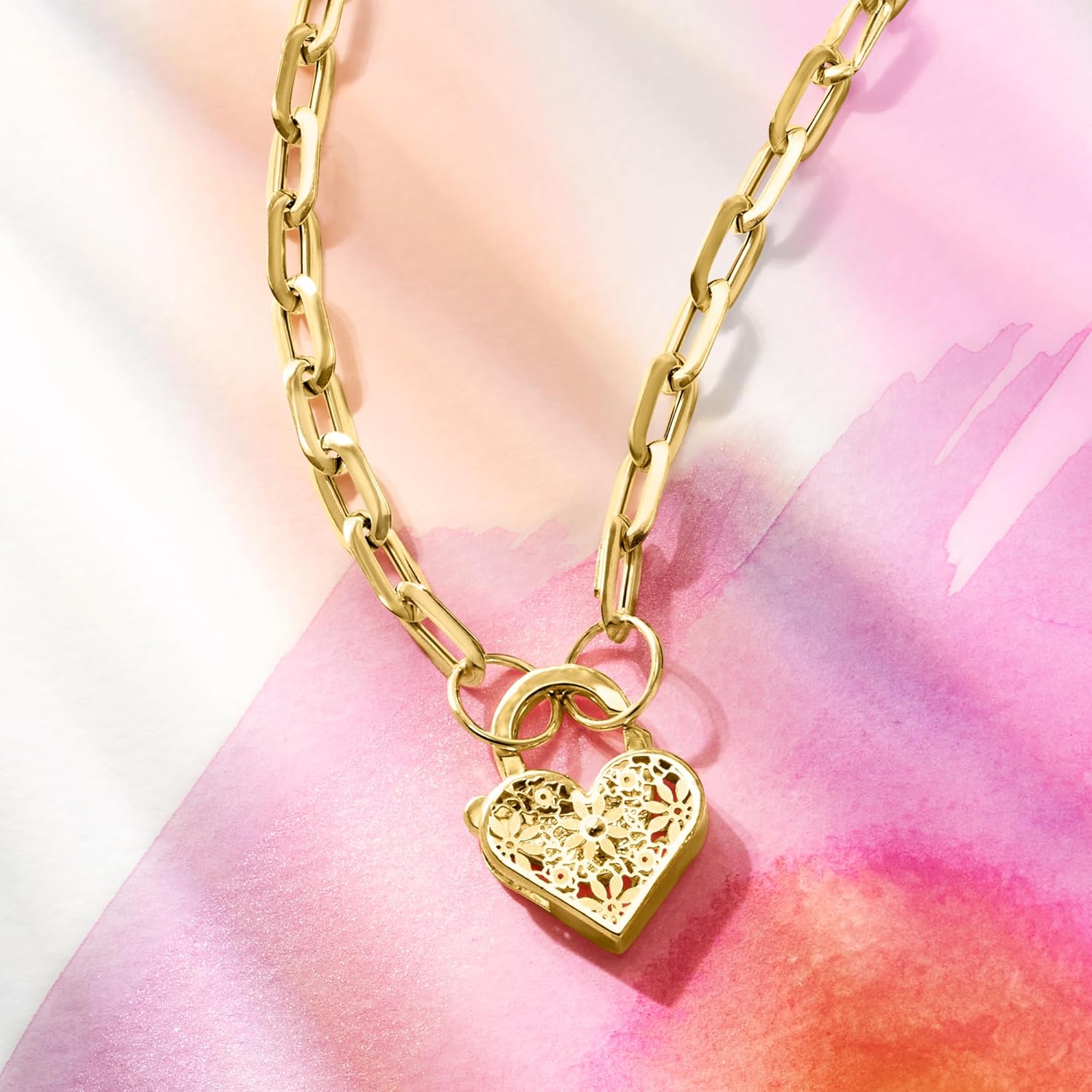Ross-Simons Italian 14kt Yellow Gold Floral Embroidery Heart Lock Paper Clip Link Necklace