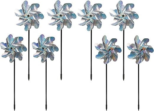 BIRD BLINDER 8-Pack Bird Deterrents for Outside - Reflective Pin Wheels for Garden and Yard - 7 x 19 in Holographic Windmills for The Yard Garden - Durable Outdoor Bird Deterrent Spinners - Silver