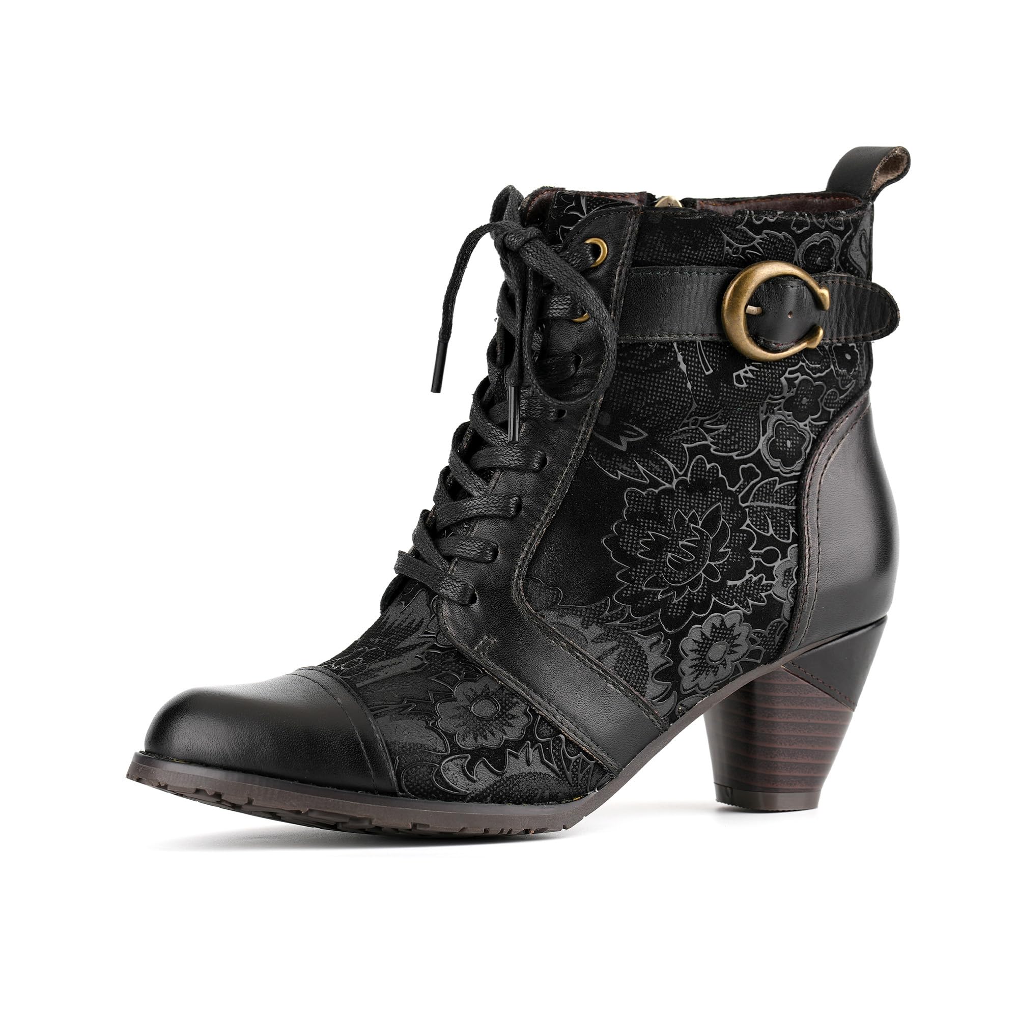 Womens Victorian Floral Lace Combat Boots Black Leather Vintage Style Ankle Boots with Brass Buckles and Stacked Heel
