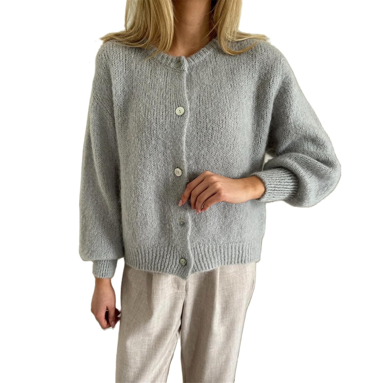 Women Chunky Knit Cardigan Y2k Long Latern Sleeve Crew Neck Button Up Open Front Cable Knitted Short Sweater