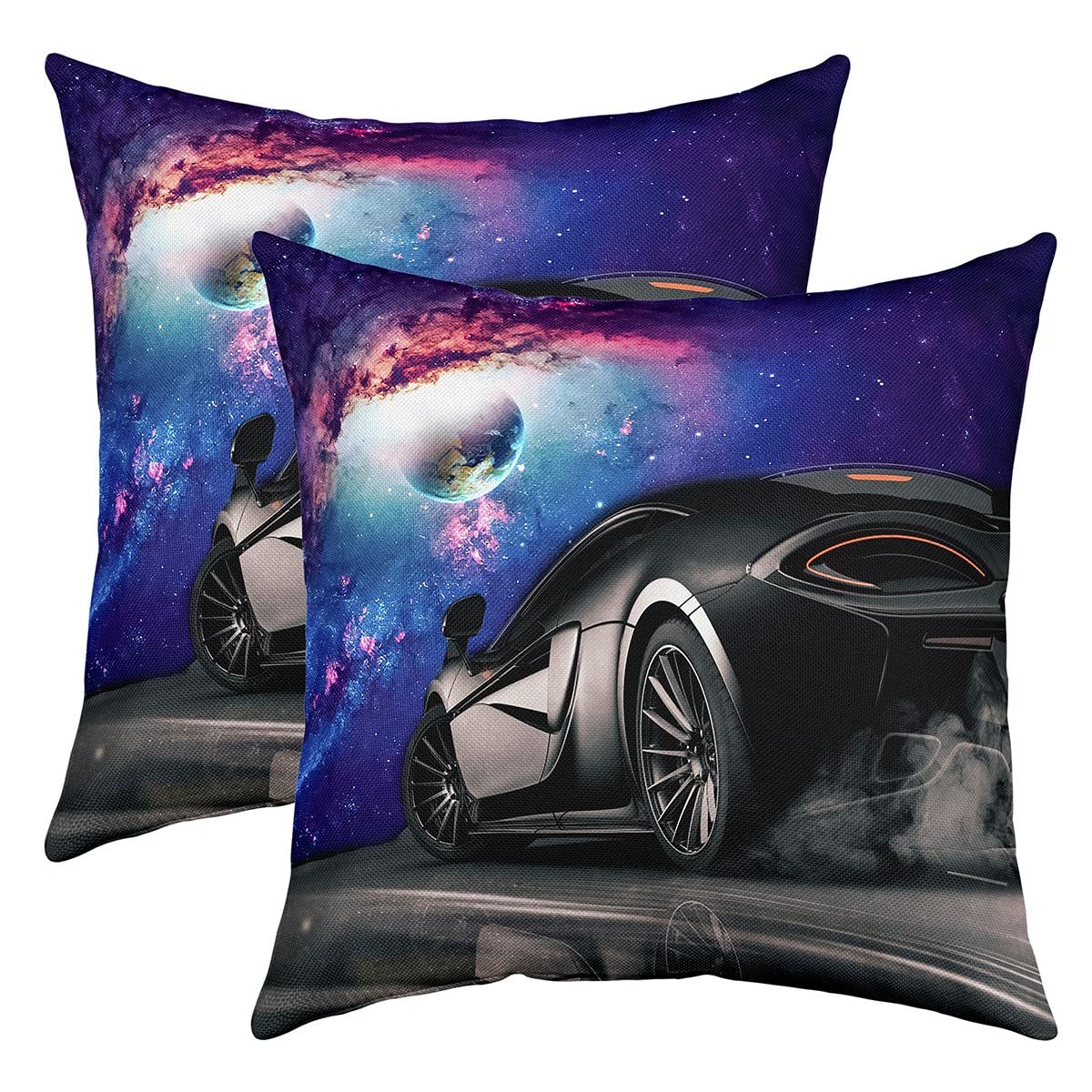Loussiesd Cool Race Car Throw Pillow Covers 22"x22" Set of 2 Soft Speed Sports Car Cushion Covers Pillow Cases For Sofa Bedroom Car Reversible Extreme Sports Galaxy Decorative Throw Pillowcases — image 1