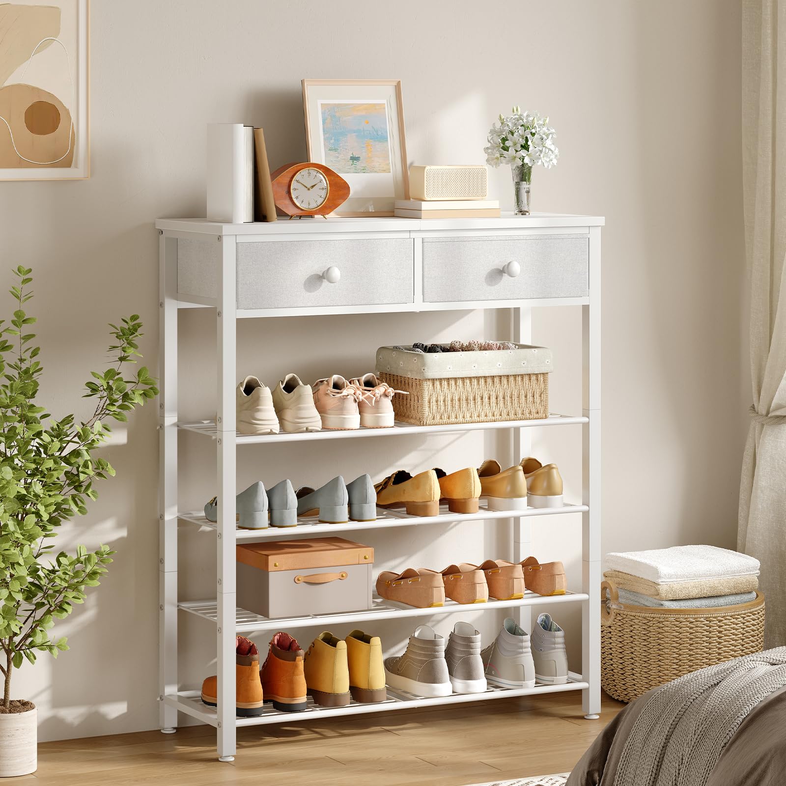 HOOBRO Zapatero con 2 Cajones y 4 Estantes de Rejilla, Mesa de Consola Estrecha para Recibidor, Estantería de 75 x 28 x 93 cm para Entrada, Sala de Estar, Balcón, Blanco EWW178XJ01