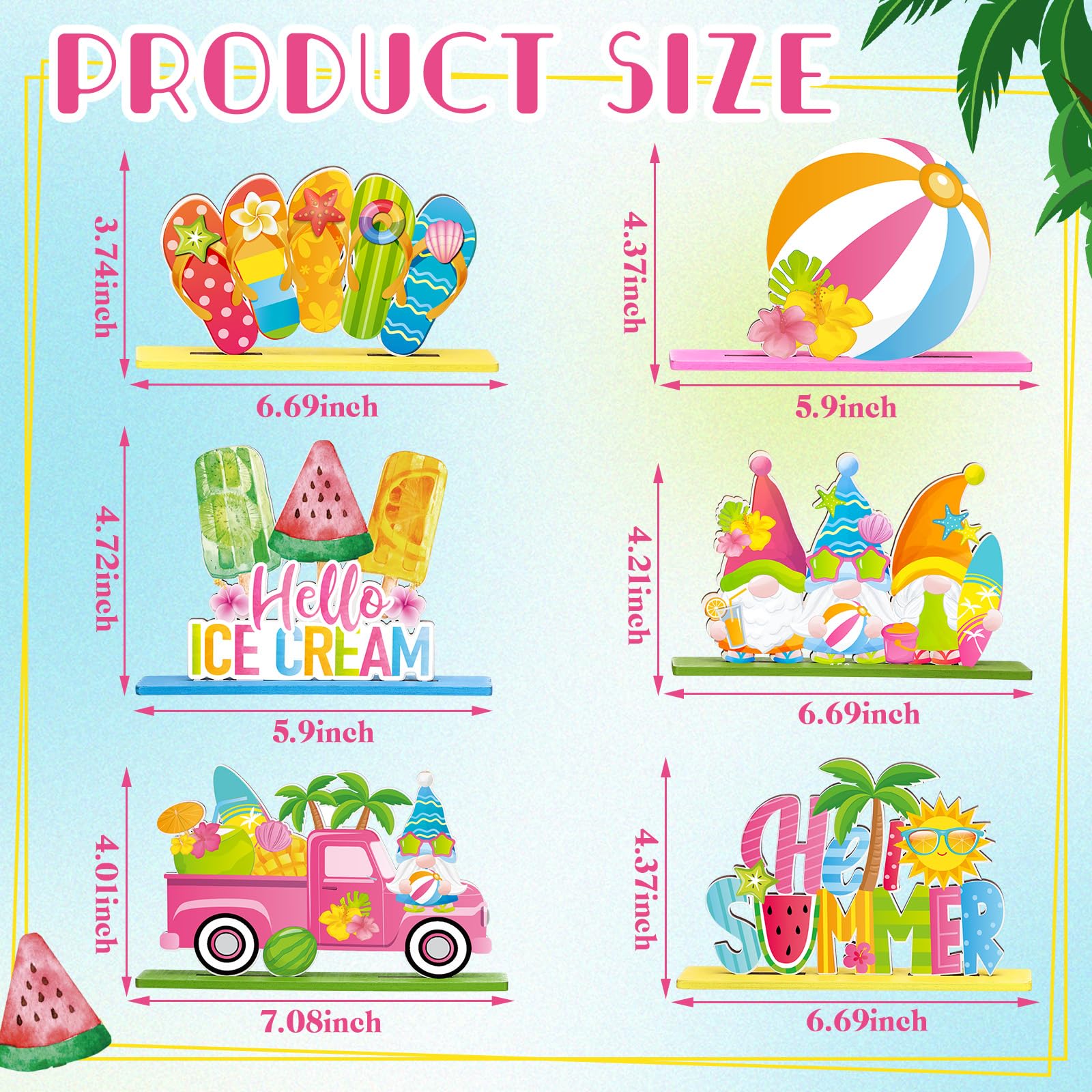 Bememo 6 Pcs Hello Summer Table Decorations Sign Summer Gnome Wooden Table Centerpieces Beach Hawaii Table Decor Ice Cream Colorful Table Topper Sign for Summer Pool Tropical Party Supplies