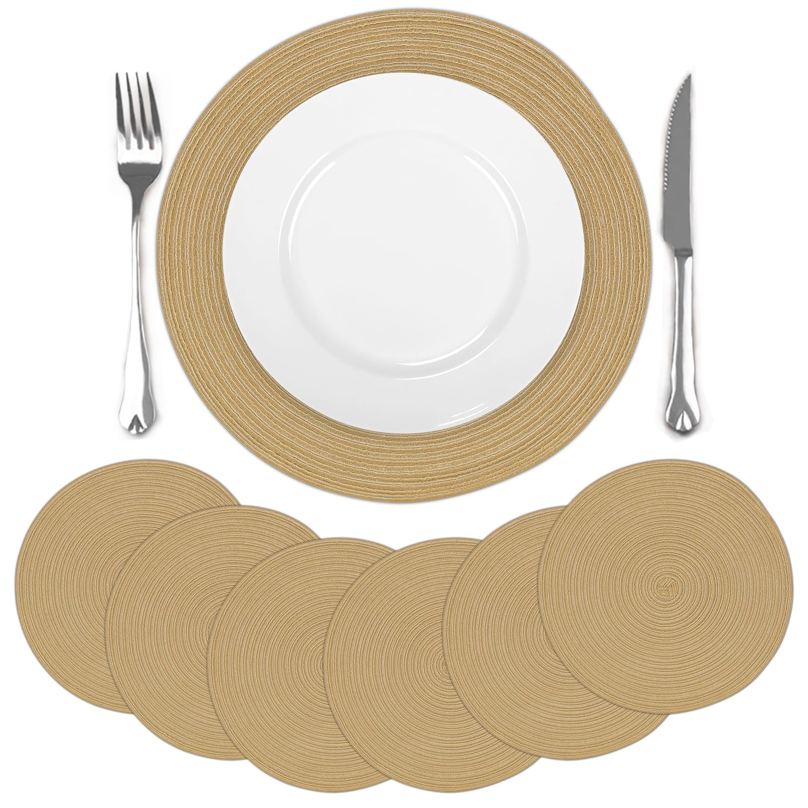 comfoyar Round Braided Placemats Set of 6, 38cm Non-Slip Cotton Woven Place Mats, Washable Heat Resistant Spiral Design Table Mats for Home Kitchen Dining Party Restaurant Wedding Decoration, Brown