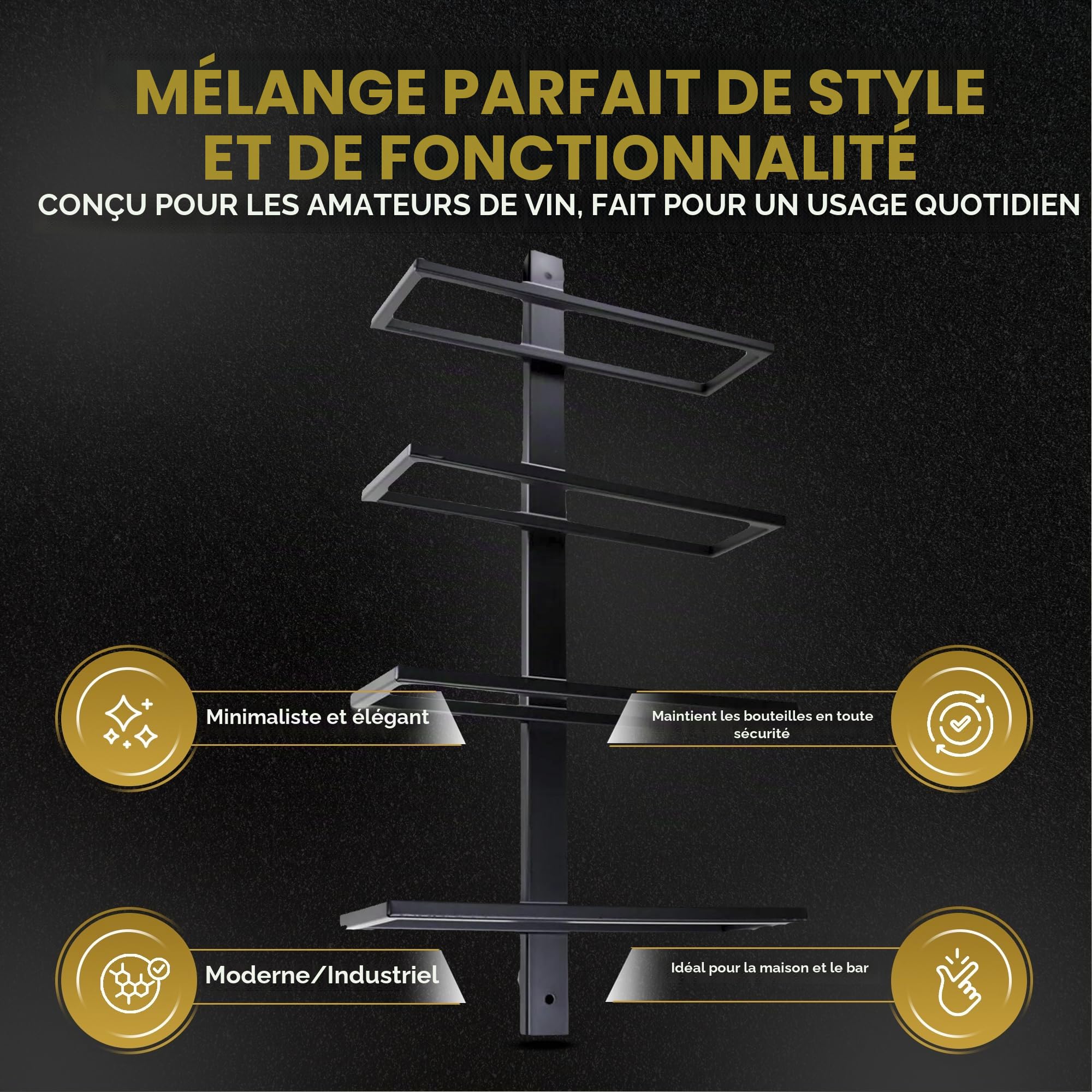 Porte-Bouteilles Mural pour 4 Bouteilles – Casier à Vin en Acier Noir Mat – Design Industriel – Gain de Place & Décoratif