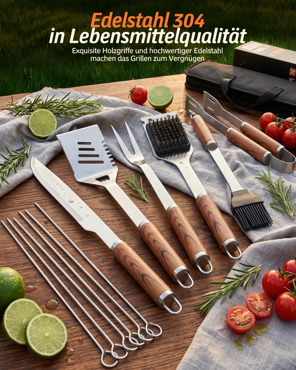 Grillbesteck Set, 17-teilig Edelstahl Grill Zubehör mit Tragetasche, Umfassendes Grillbesteck für das Grillen im Freien, Camping, Grillzubehör BBQ, Professionelle Grillzubehör für Männer Frauen