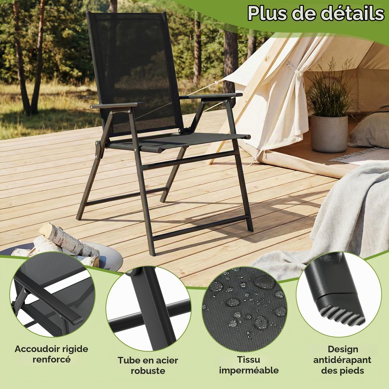 LIFERUN Lot de 2 Chaises de Jardin Pliantes, Chaises de Camping Extérieure