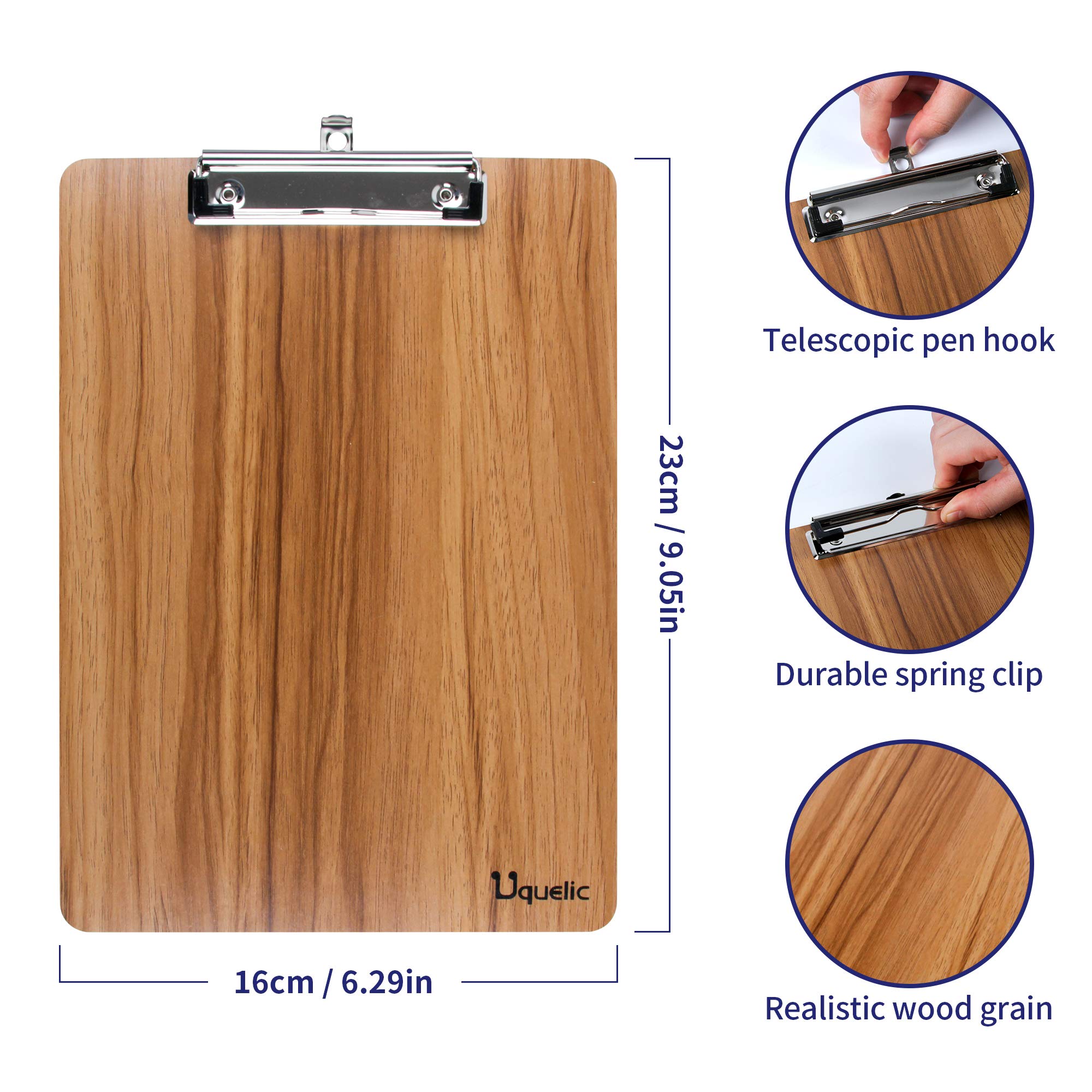 Uquelic 4 Piezas Portapapeles A5 con Pinza/Tableros con Pinza/Carpetas con Pinza Madera Clipboards A4 Impermeable Tablero con Pinza con Peniques Hole (Marrón)
