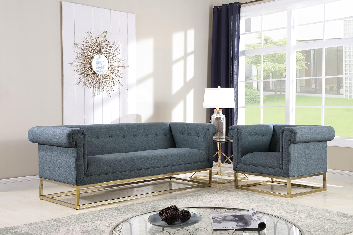 Iconic Home Palmira Accent Club Chair Button Tufted Linen-Textured Plush Cushion Brass Finished Brushed Metal Base Frame, Modern Transitional, Blue (FCC2889-AN)