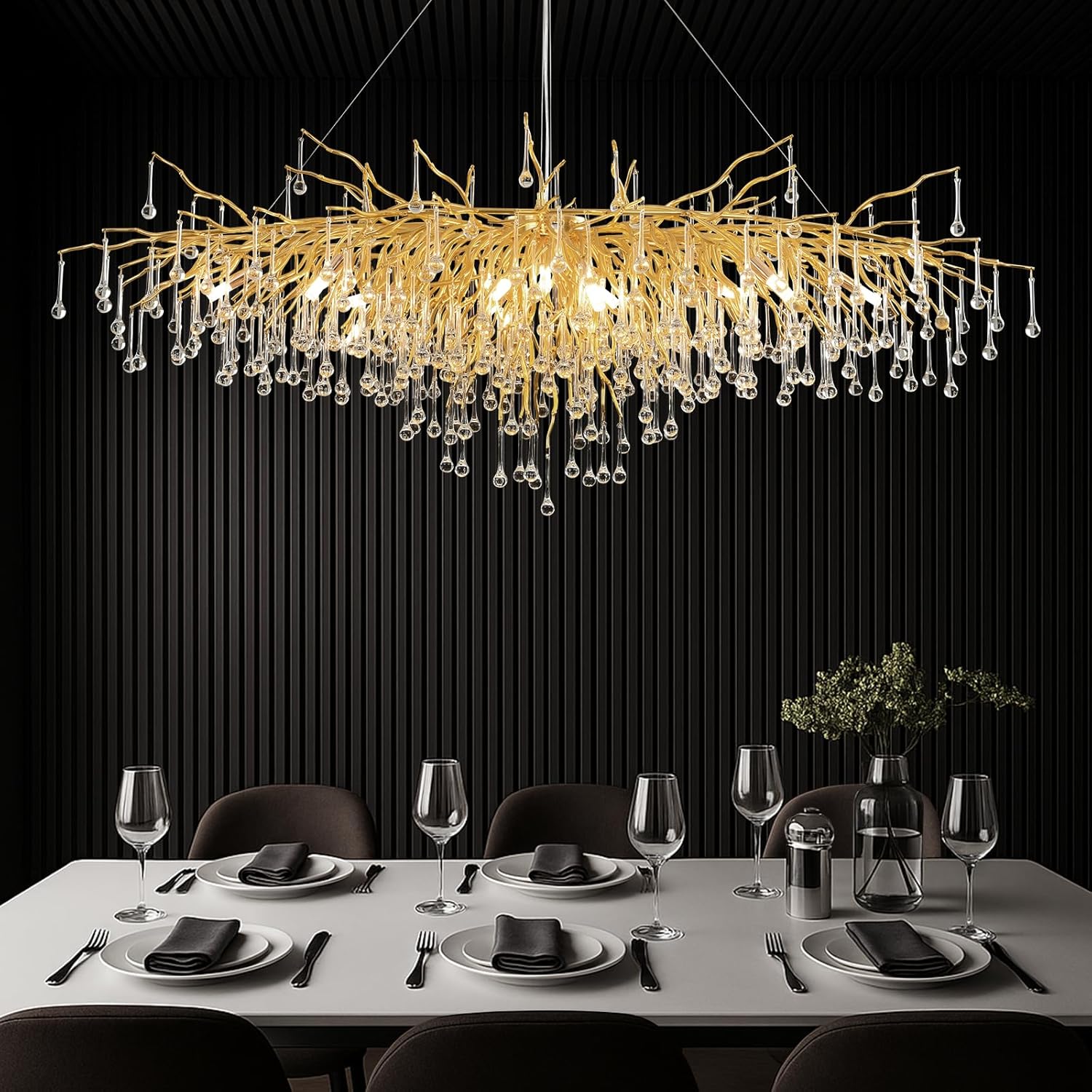 KXEcoLife Modern Crystal Chandelier Large Rectangle Light Fixture for High Ceiling, Luxury Raindrop Tree Branch Chandeliers Living Room, Dining Entryway, Foyer,L120cm