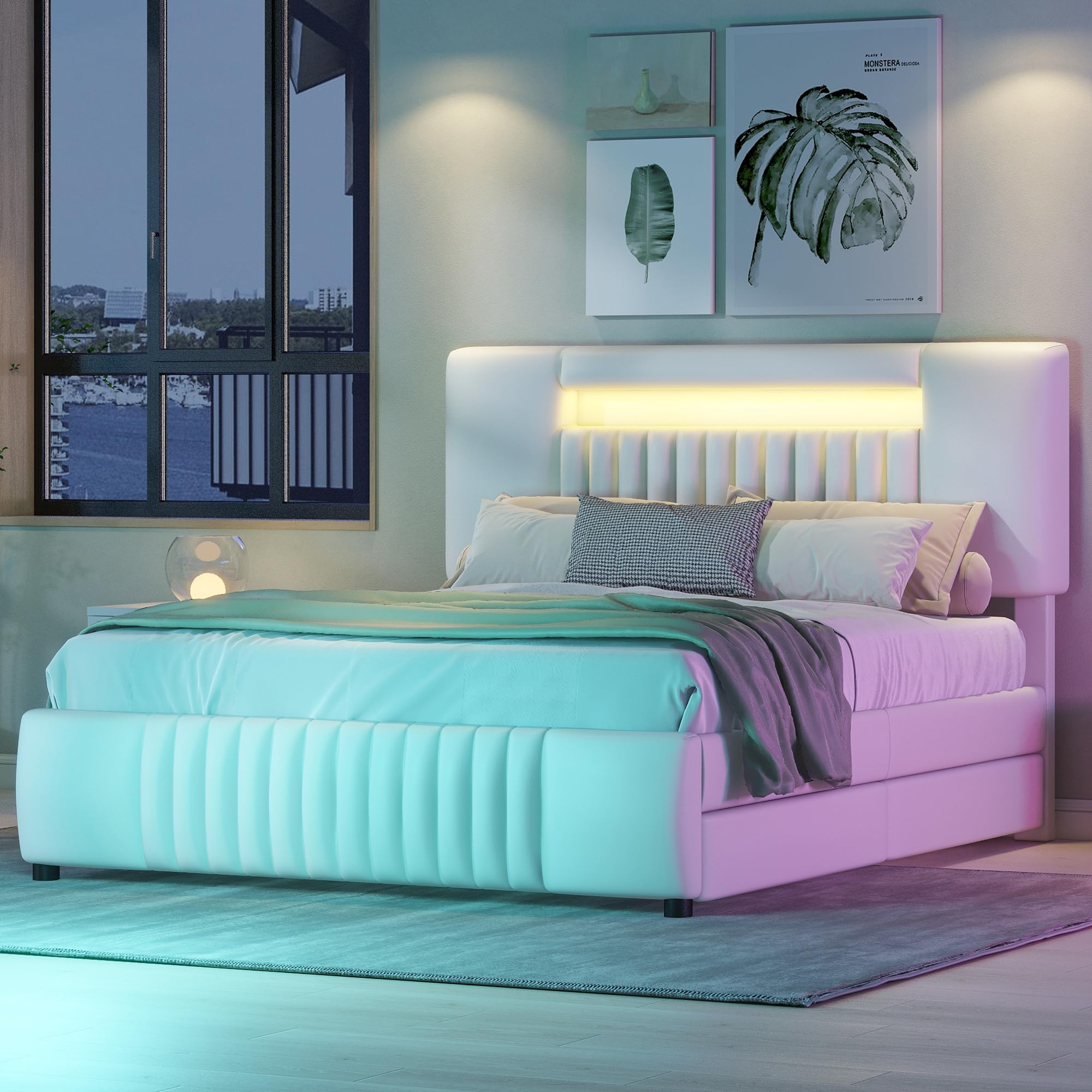 Doppelbett 140x200 Mit LED-Beleuchtung & 4 Schubladen - Höhenverstellbares Kopfteil In Beige