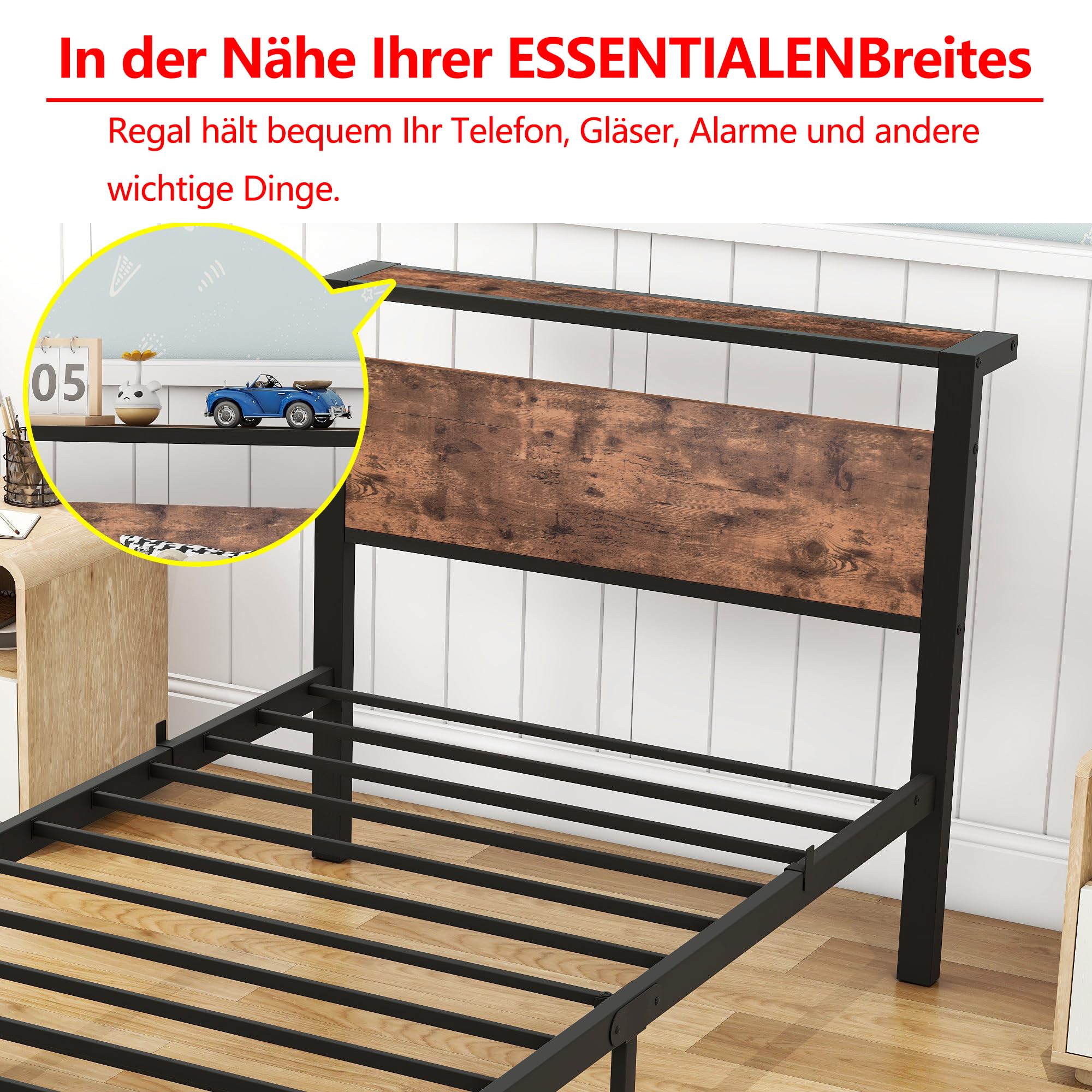 Metallbett 90x200 Bettgestell mit Holz-Kopfteil | Plattform-Bettgestell | Starke Lattenrost-Matratzenbasis | einfache Montage