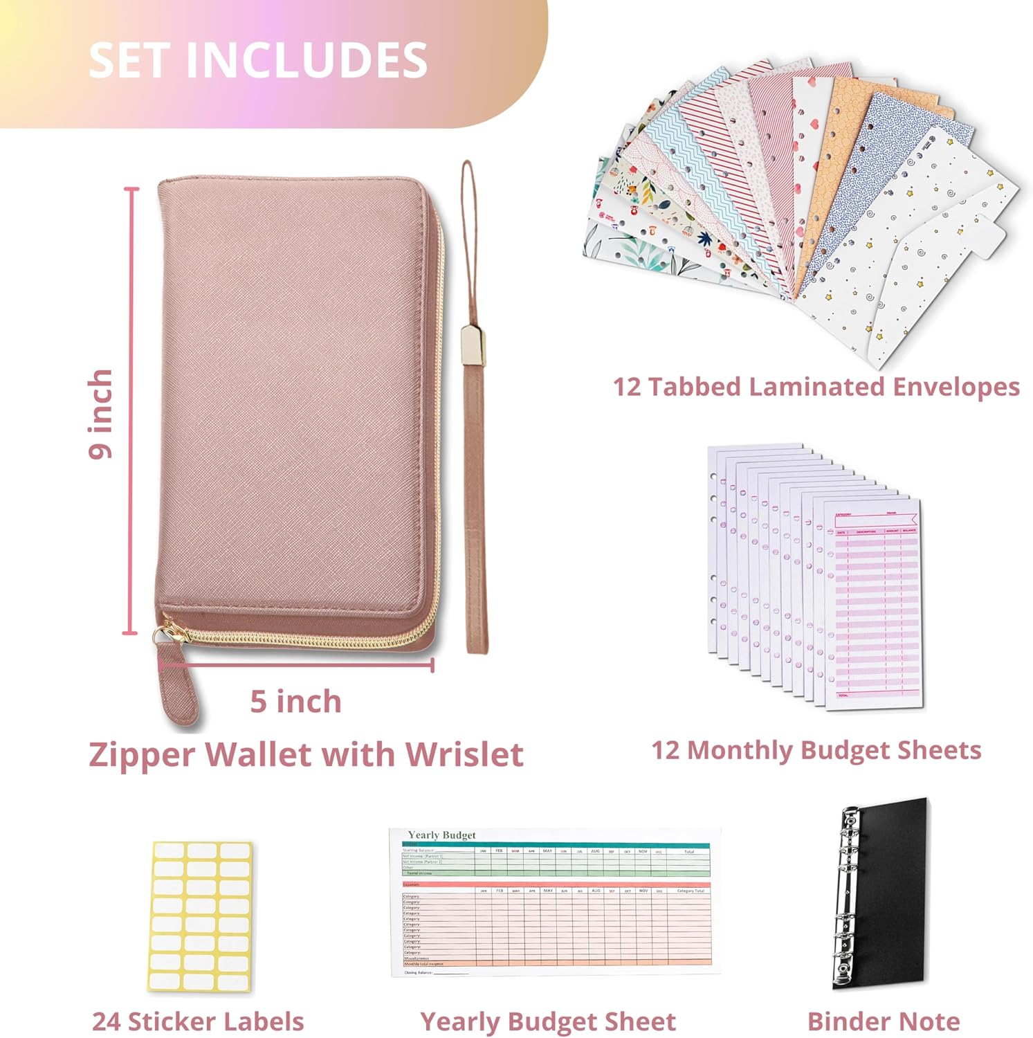 Cash Envelope Wallet Rose Gold All in One Budget System RFID Blocking with 12x Tabbed Cash Envelopes, 12x Monthly Budget Cards 1x Yearly Budget Planner Sheet Complete Money Organizer Set for Cash