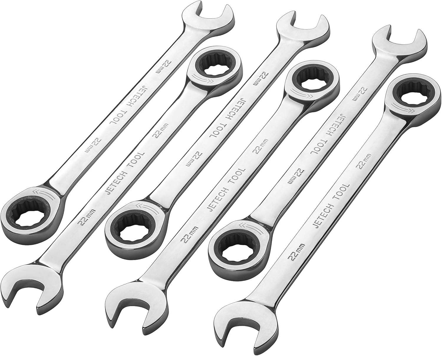 Jetech 22mm Ratcheting Combination Wrench (6 Pack), Industrial Grade Gear Spanners with 12-Point Design, 72-Tooth Ratchet, Made with Forged and Heat-Treated Cr-V Steel in Chrome Plating, Metric