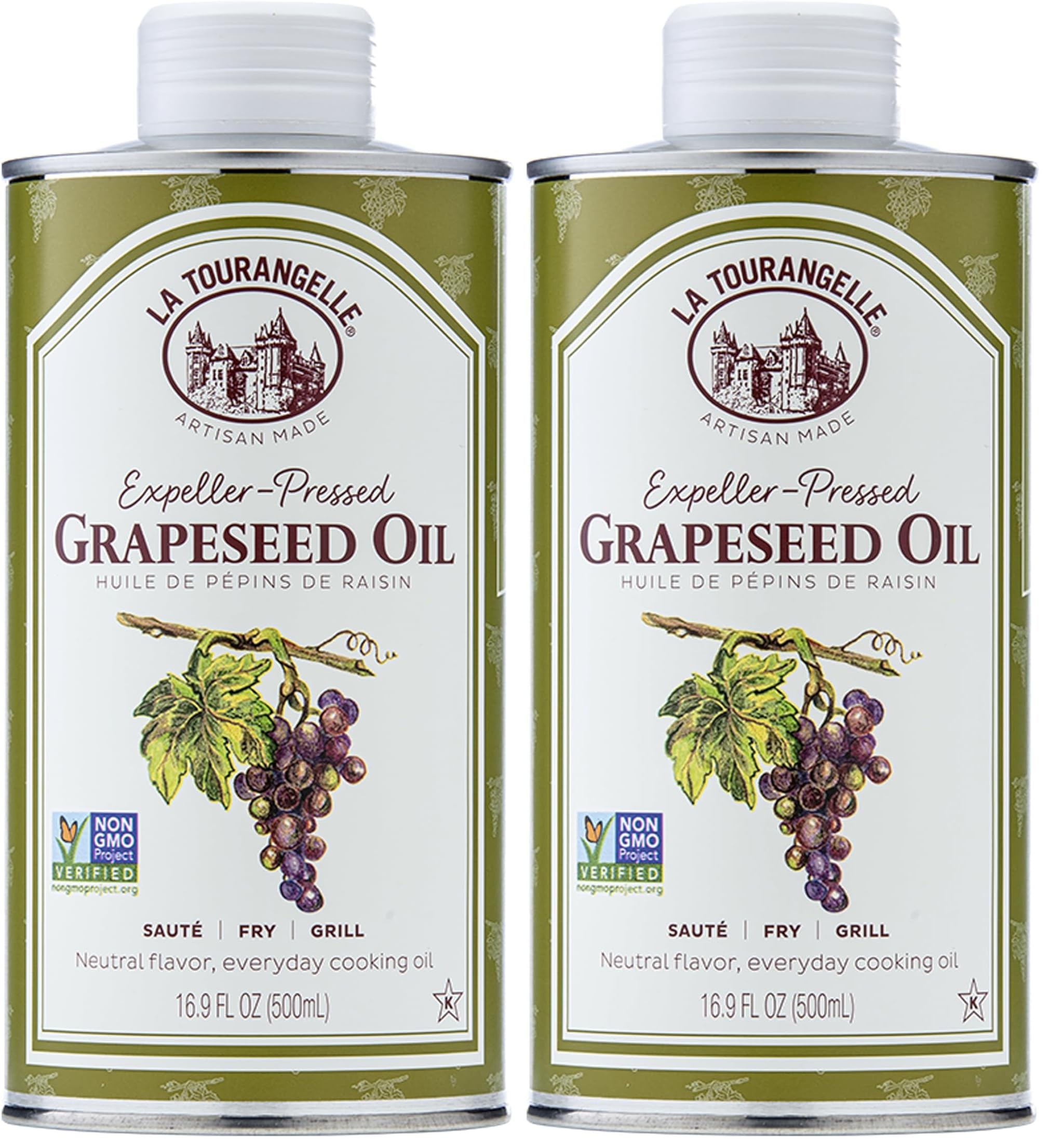 La Tourangelle, Expeller-Pressed Grapeseed Oil, High Heat Neutral Cooking Oil, Cast Iron Seasoning, Also Great for Skin, Hair, and DIY Beauty Recipes, 16.9 fl oz (Pack of 2)