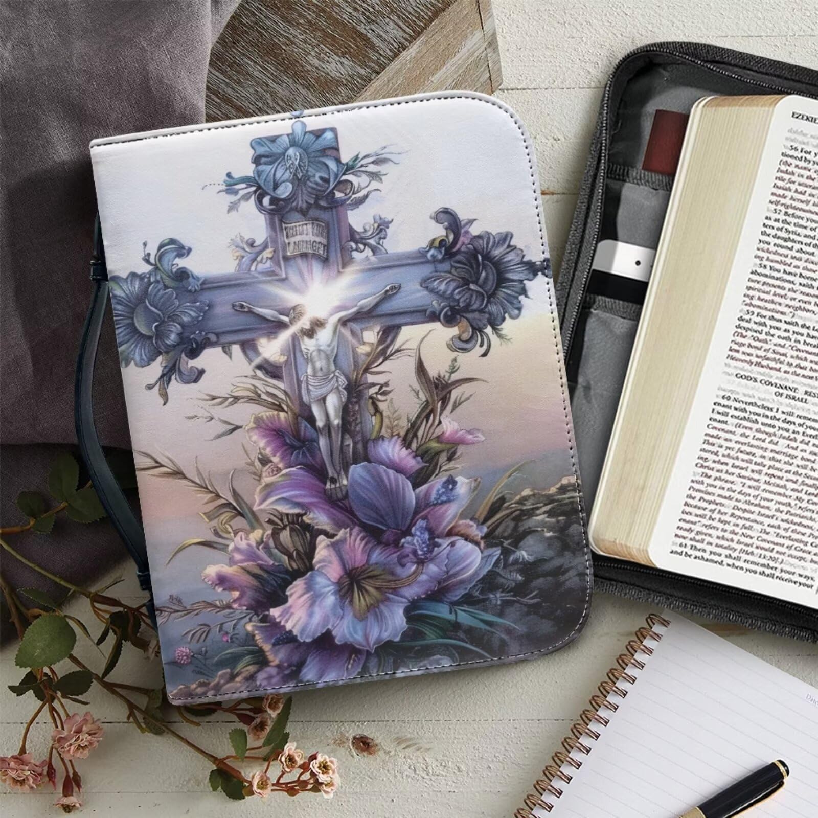 Flower Print Bible Cover For Women - Zippered Case With Handles & Pockets