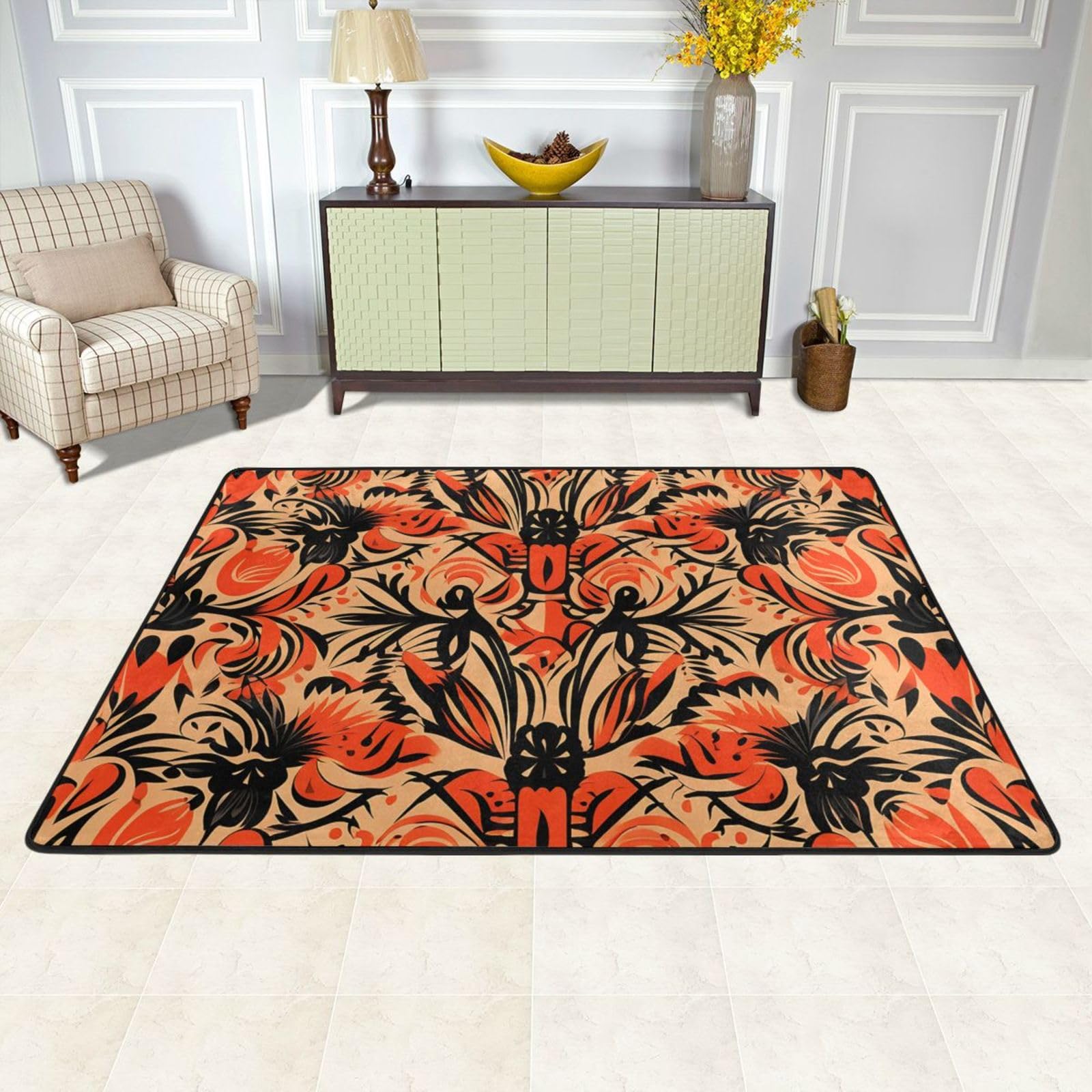 Tapis de sol antidérapant motif folk orange lavable et ultra doux 91 cm