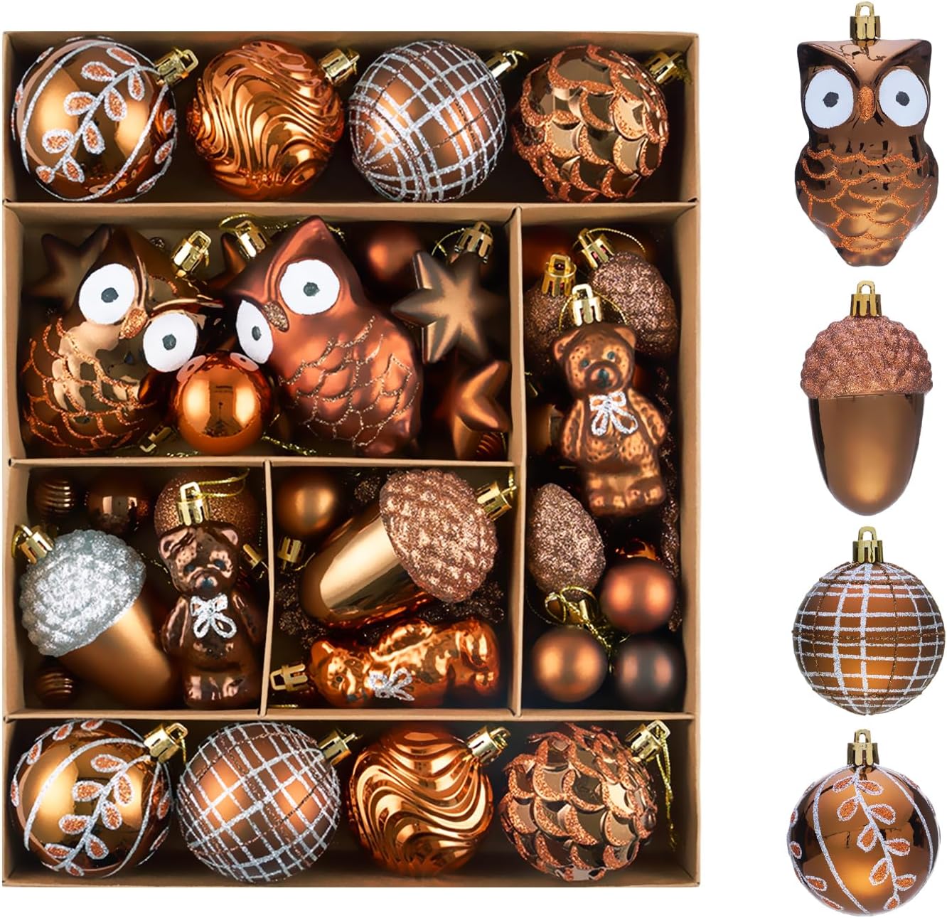 Christmas Ball Ornaments Set for Tree Decorations, 72ct Vintage Brown Bronze Copper Rustic Woodland Shatterproof Plastic Xmas Balls Fall Decor Hanging Ornament Bulk for Village Farmhouse Holiday