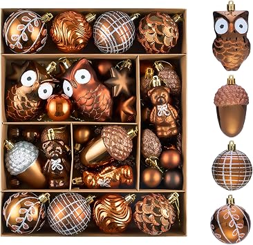 Christmas Ball Ornaments Set for Tree Decorations, 72ct Vintage Brown Bronze Copper Rustic Woodland Shatterproof Plastic Xmas Balls Fall Decor Hanging Ornament Bulk for Village Farmhouse Holiday