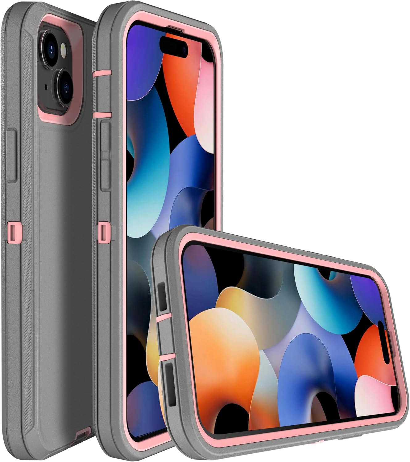 MXX Heavy Duty Made for iPhone 15 Plus Case with Tempered Glass Screen, Camera Lens Protector 3-Layer Full Body Protection - Shockproof Dustproof Cover for 15 Plus Phone Case 6.7" (Gray/Light Pink) - Image 2