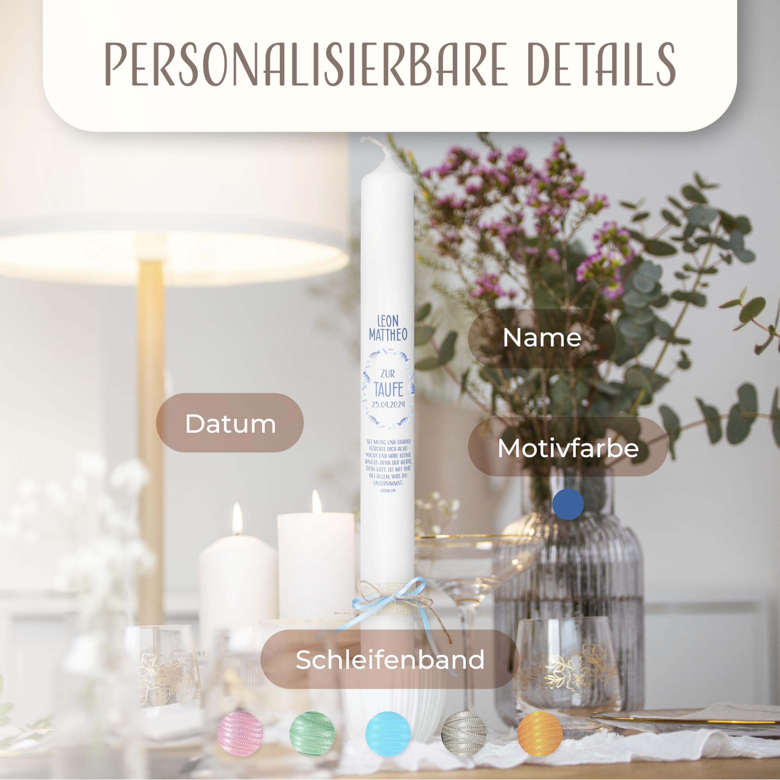 AMARI ® Taufkerz personalisiert Fischschwarm (002.10.01) H:40cm/⌀:4cm - Gestalte und mach deine Taufe - Taufkerze mit Namen