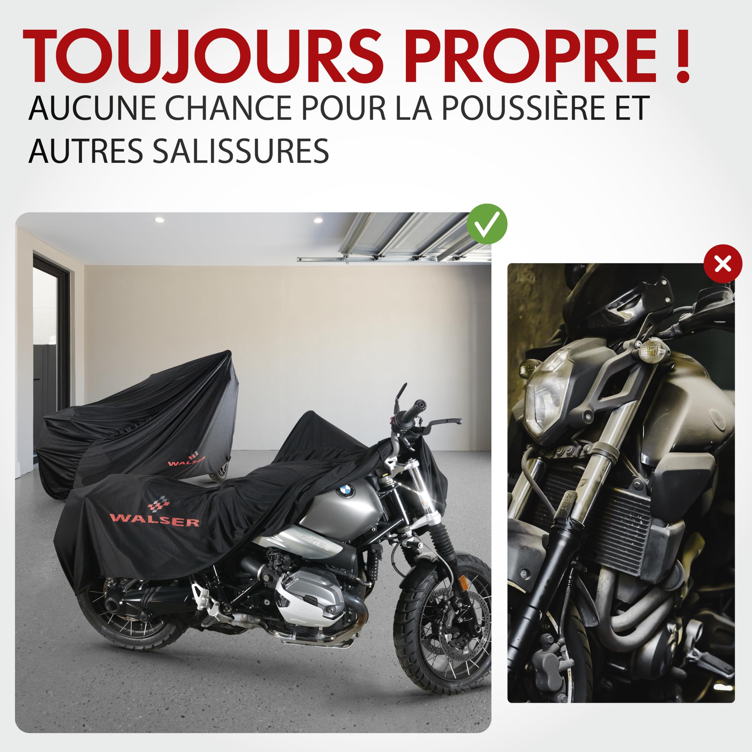 WALSER Housse Moto Indoor XL 255x110x135 cm - Bache Moto Stretch respirante, Protection Anti-poussiere XXL pour Grandes Motos & Choppers, Garage Moto Interieur noir incl. Sac