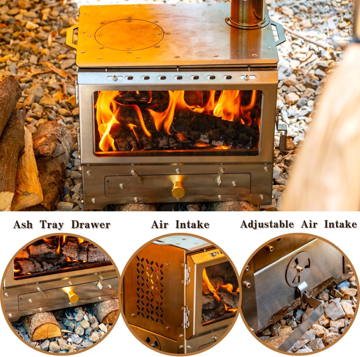 Hot Tent Stove, Heavy-Duty Stainless Steel Wood Burning Camping Stove with Chimney Pipes for Outdoor Cooking