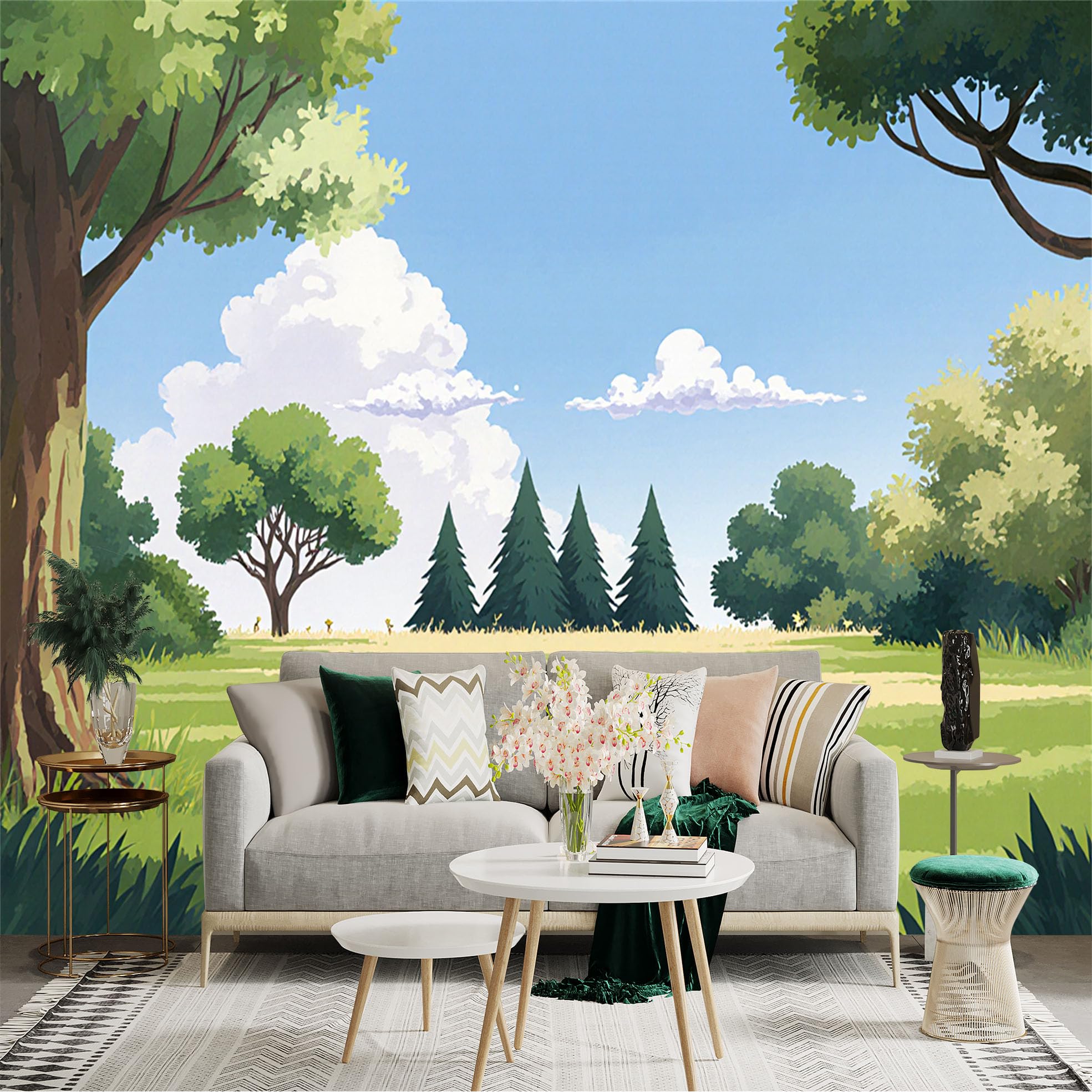 Custom Size Wall Sticker Mural， Summer Meadow Landscape， Blue Sky with Fluffy Clouds， Coniferous Trees and Lush Green Nature， for wall Decoration， peelandstick wall Decals.
