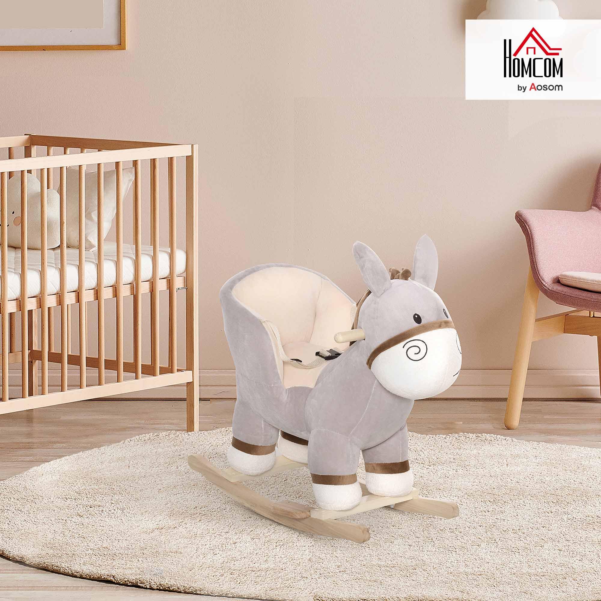 HOMCOM Caballito de Balancín en Forma de Asno Caballo Balancín para Bebé de +18 Meses con Manillar Cinturón de Seguridad y Reposapiés Felpa Suave 61x34x58 cm Gris
