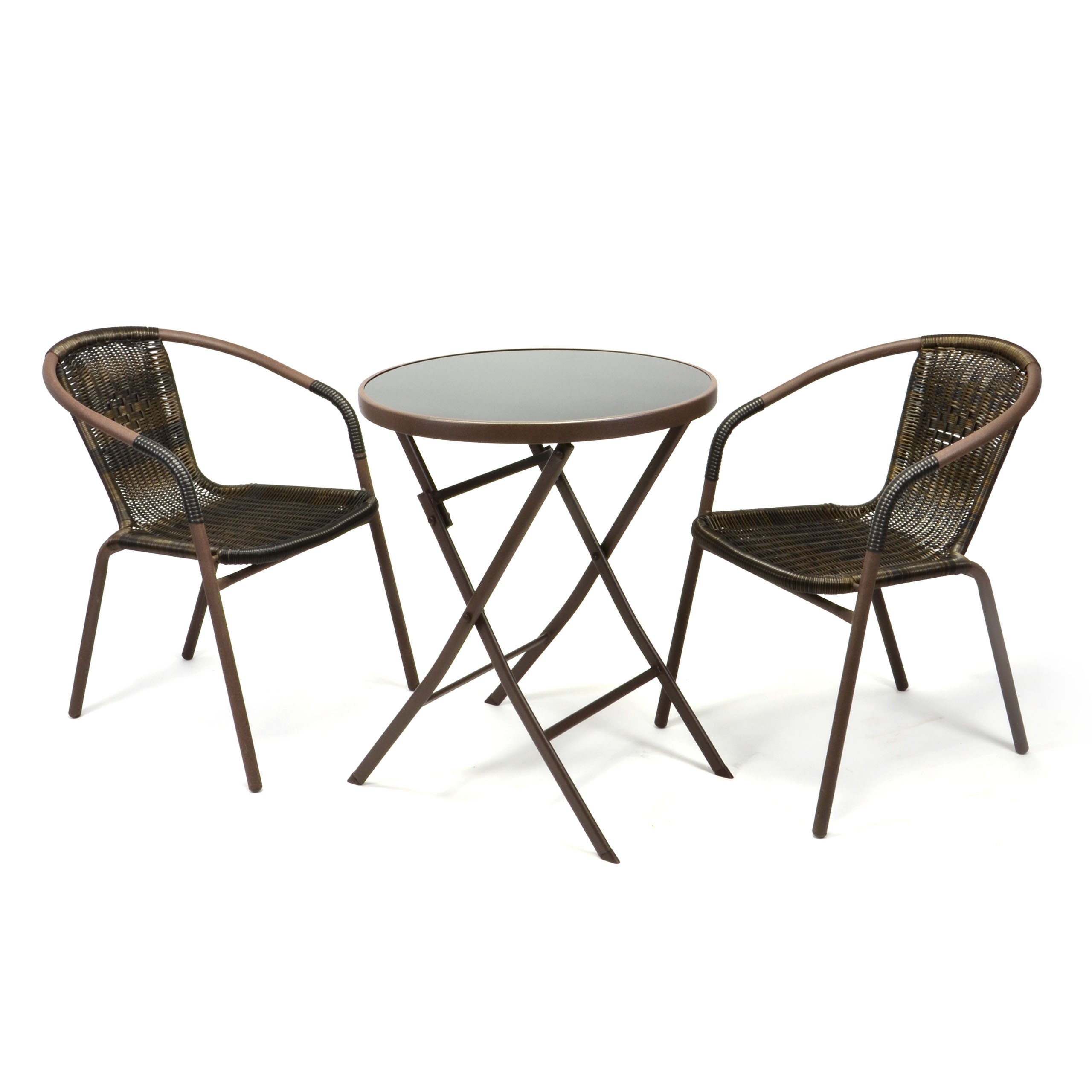 Nexos Bistroset aus Glastisch & Bistrostuhl – Stahlgestell Polyrattan Glasplatte – stapelbar – Farbe: Dunkelbraun schwarz