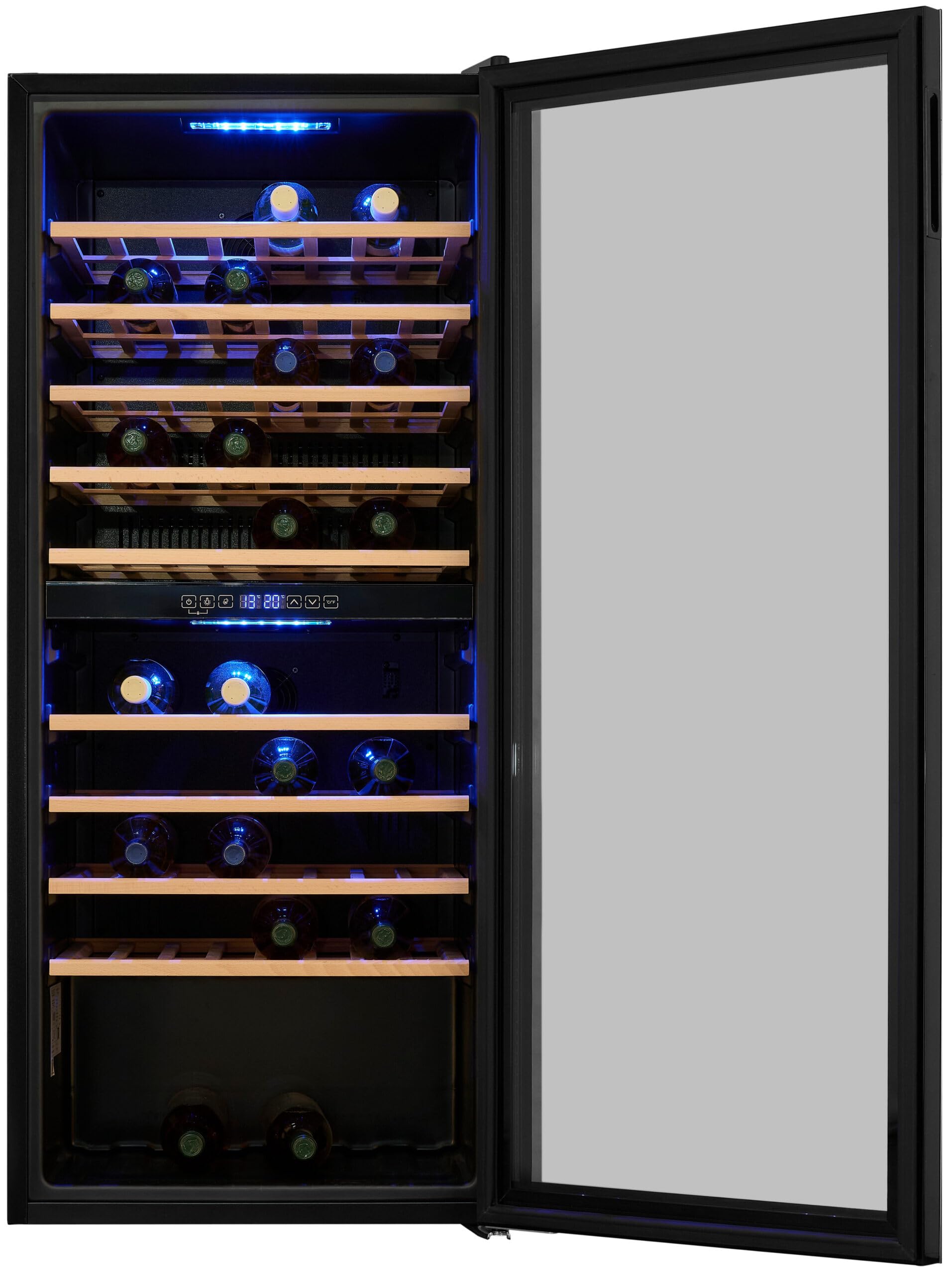 Exquisit® Vinoteca para 114 Botellas, 220L, Negro, Clase G, Dos Zonas de Temperatura 5-20°C, Control Digital LCD, Puerta de Cristal Reversible, Medidas (129,0 x 55,2 x 57,5 cm)