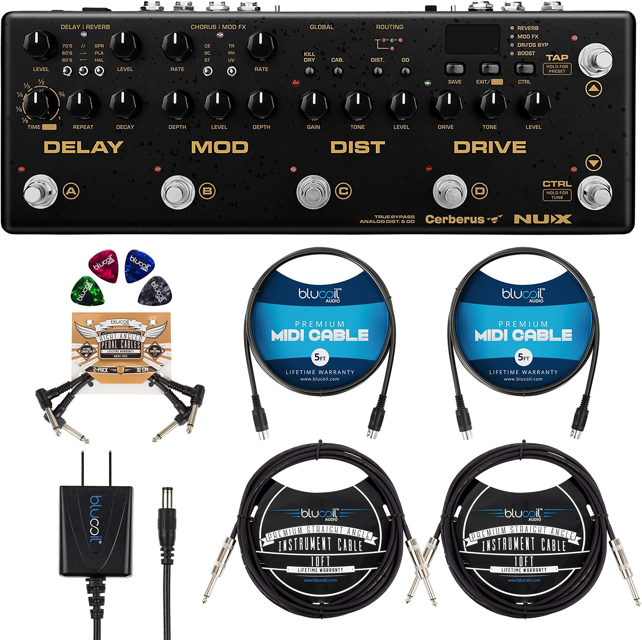 NUX Cerberus Effects Pedal with IR Loader Bundle with Blucoil Slim 9V Power Supply AC Adapter, 2x 10' Straight Instrument Cable (1/4"), 2-Pack of 5-FT MIDI Cables, 2x Patch Cables, and 4x Guitar Picks