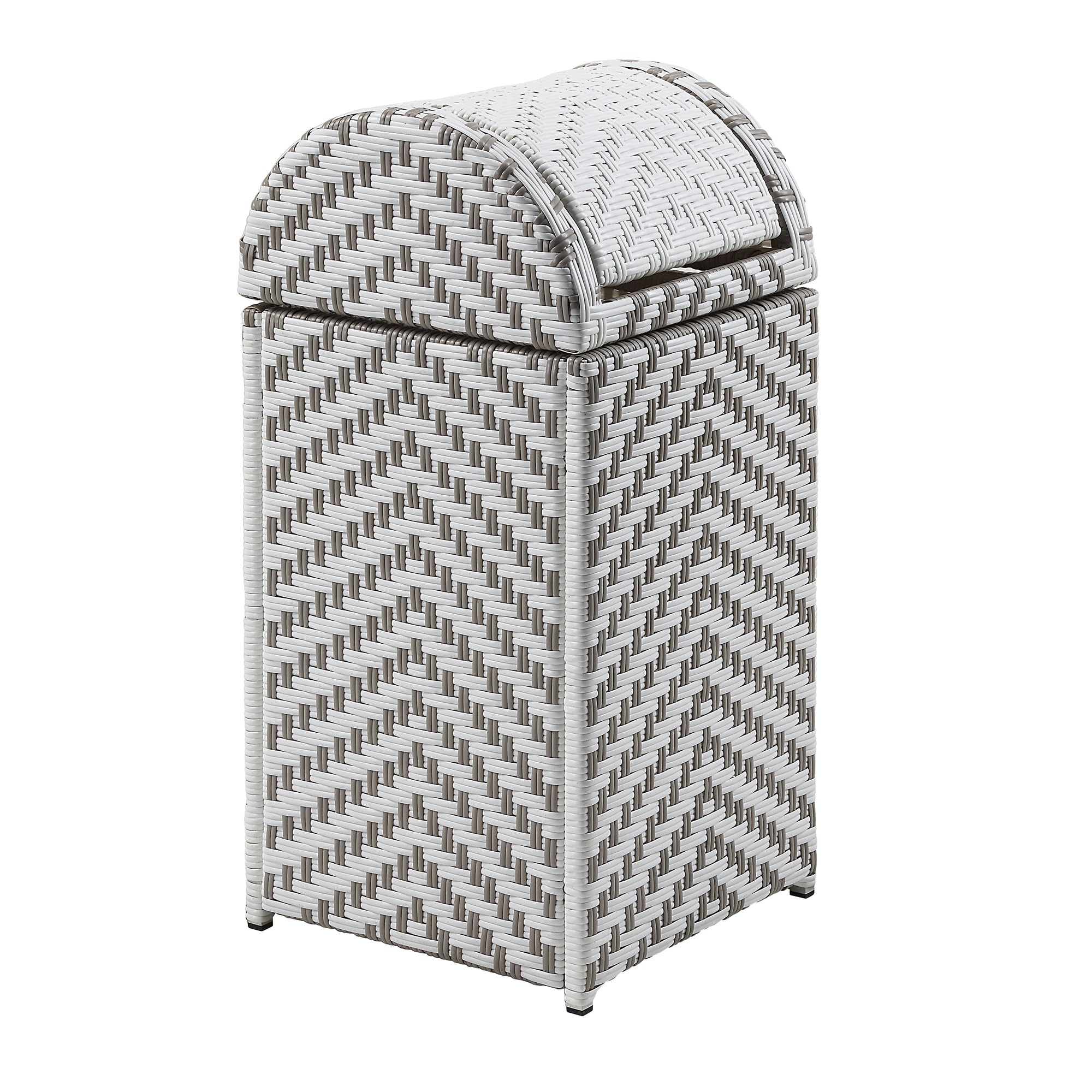 24/7 Shop at Home Ulysses Modern Aluminum and All-Weather Wicker Outdoor Trash Can with Push Lid for Outdoor, Patio, Pool Area, Garden, Gray and White