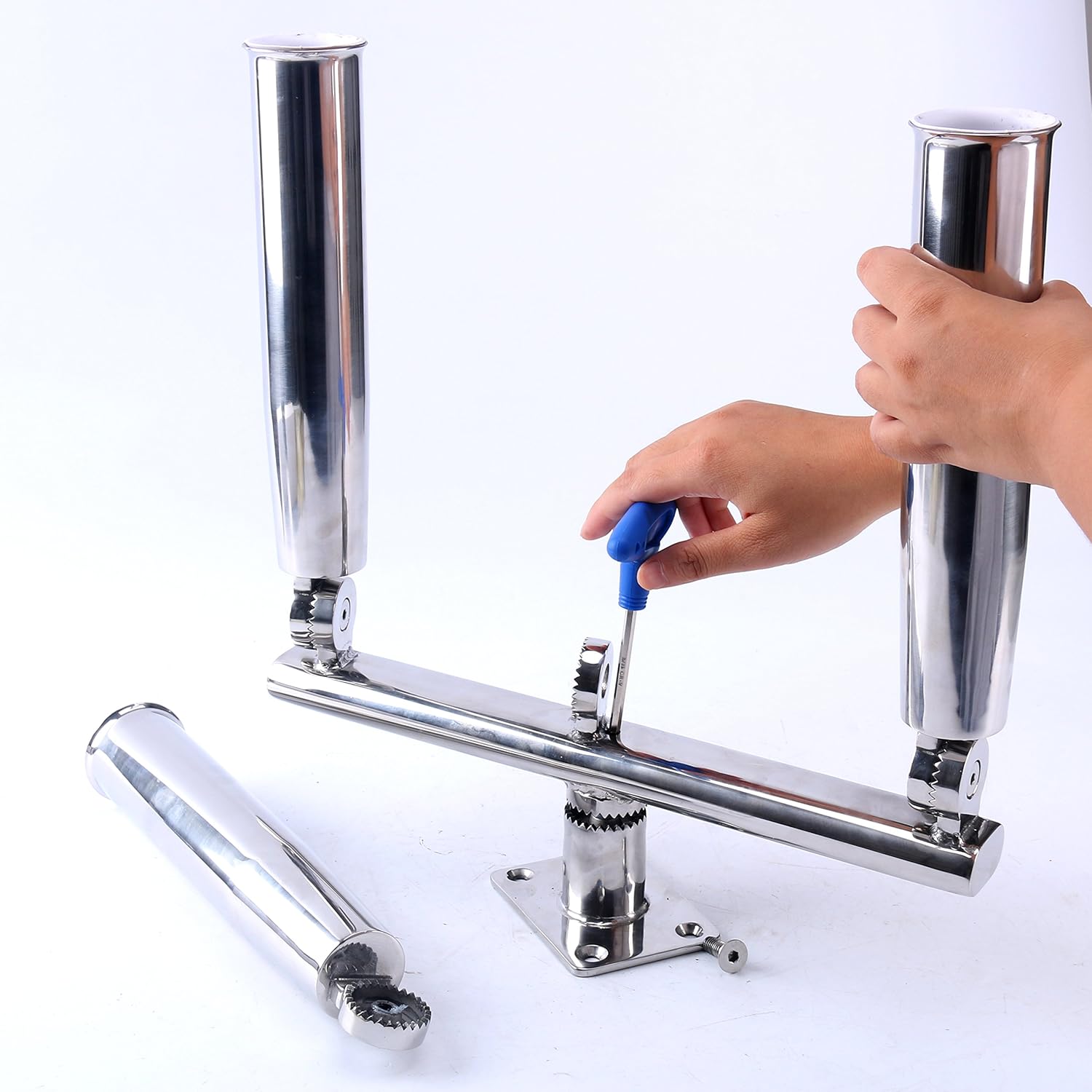 Amarine Made 3 Tube Silver Highly Polished Stainless Steel Trident Outrigger Stylish Rod Holder - Triple Rod Holder, Kite Fishing Mount 3-rod Holder