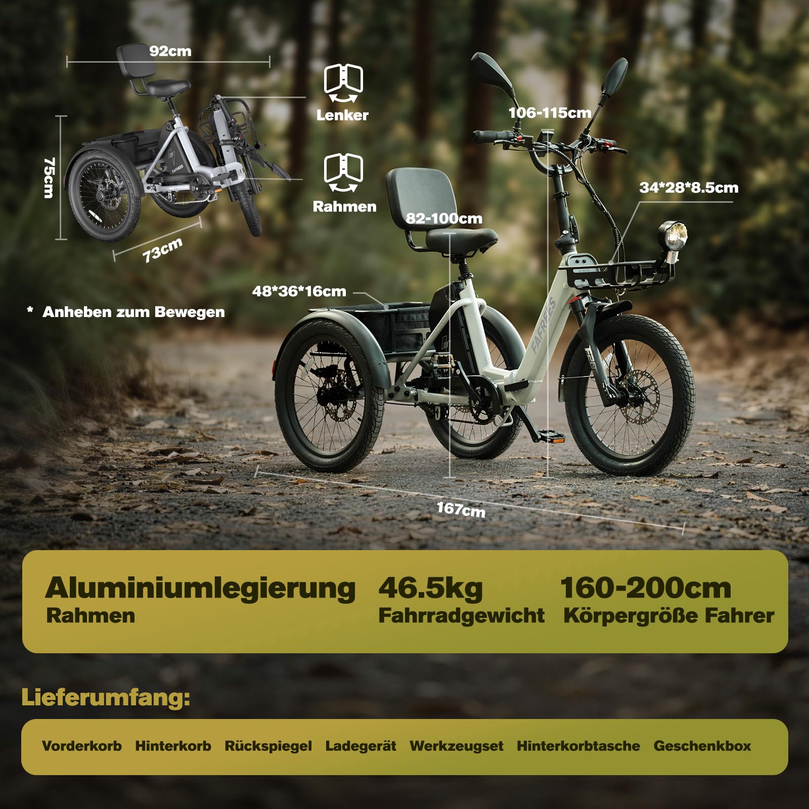 Fafrees F20 Mate Elektro Dreirad für Erwachsene, E Bike Klapprad 20 * 3.0 Zoll, E-Bike 3 Rad Lasten 48V 65 Nm, senioren e-Dreirad Hydraulische Bremsen, Belastung 180KG
