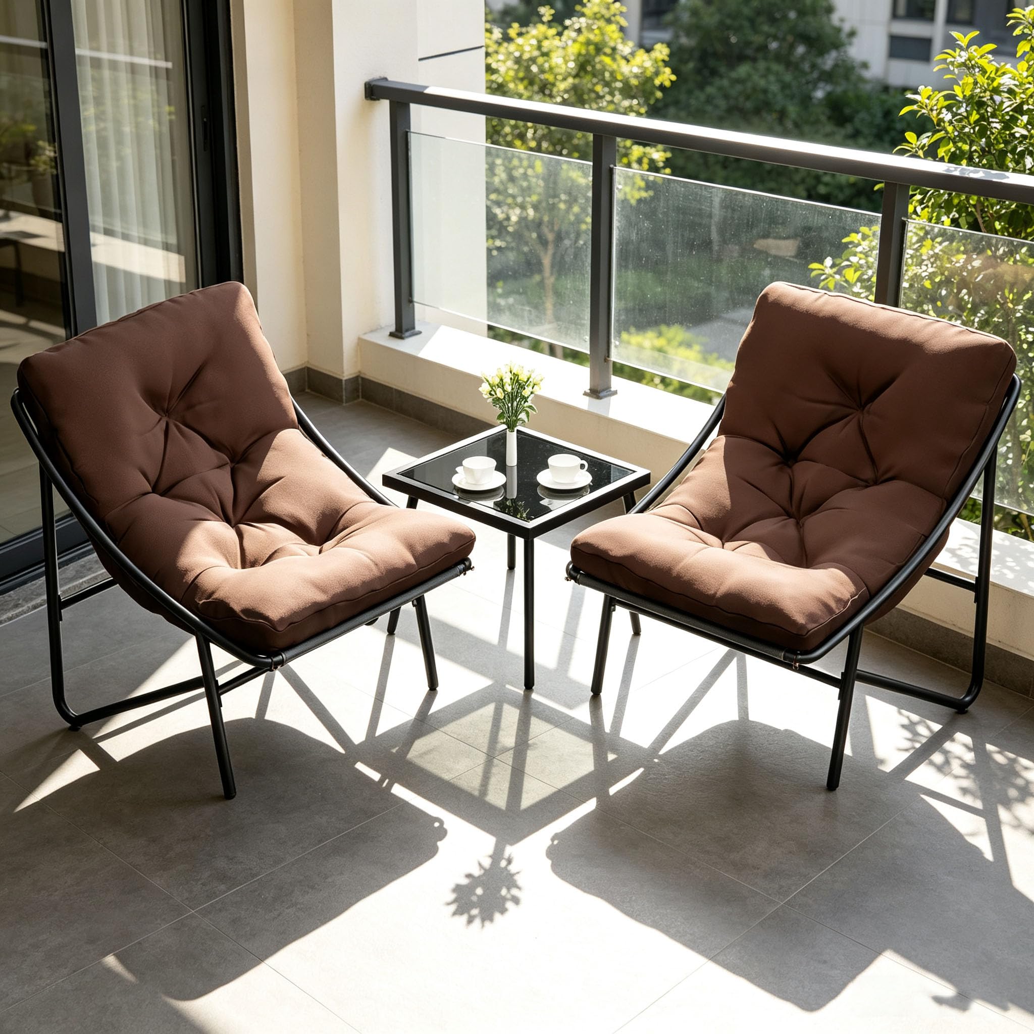 Set di mobili da balcone, 3 pezzi, mobili da giardino e terrazza con 2 sedie, tavolo e cuscini, set da balcone per 2 persone, tavolino in vetro temperato, piccoli mobili da balcone per cortile