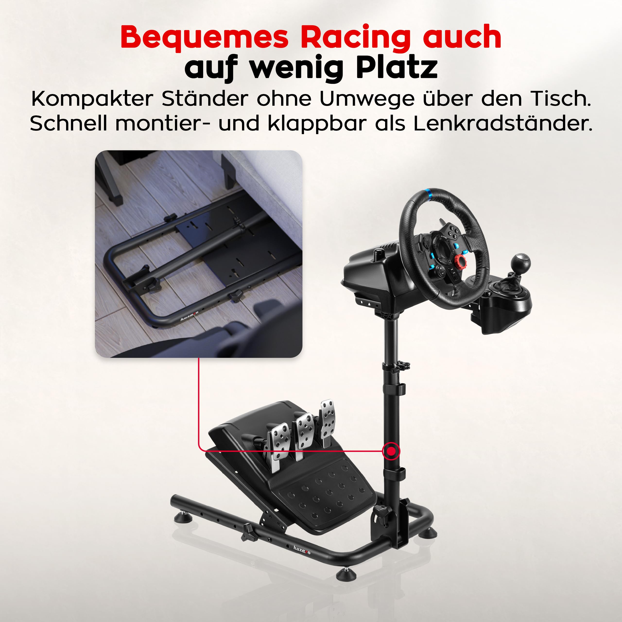 Huzaro Speed 2.0, Soporte de volante ajustable compatible con Logitech Fanatec Thrustmaster, estructura de acero estable, altura y ángulo ajustables, plegable, almohadillas antideslizantes